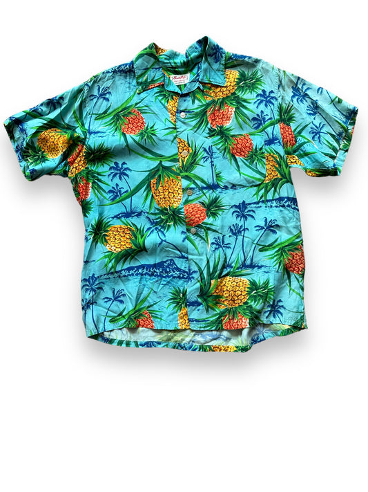 Front View of Vintage South Pacific Blue Pineapple Aloha Shirt SZ M | Seattle Vintage Rayon Hawaiian Shirt | Barn Owl Vintage Clothing Seattle
