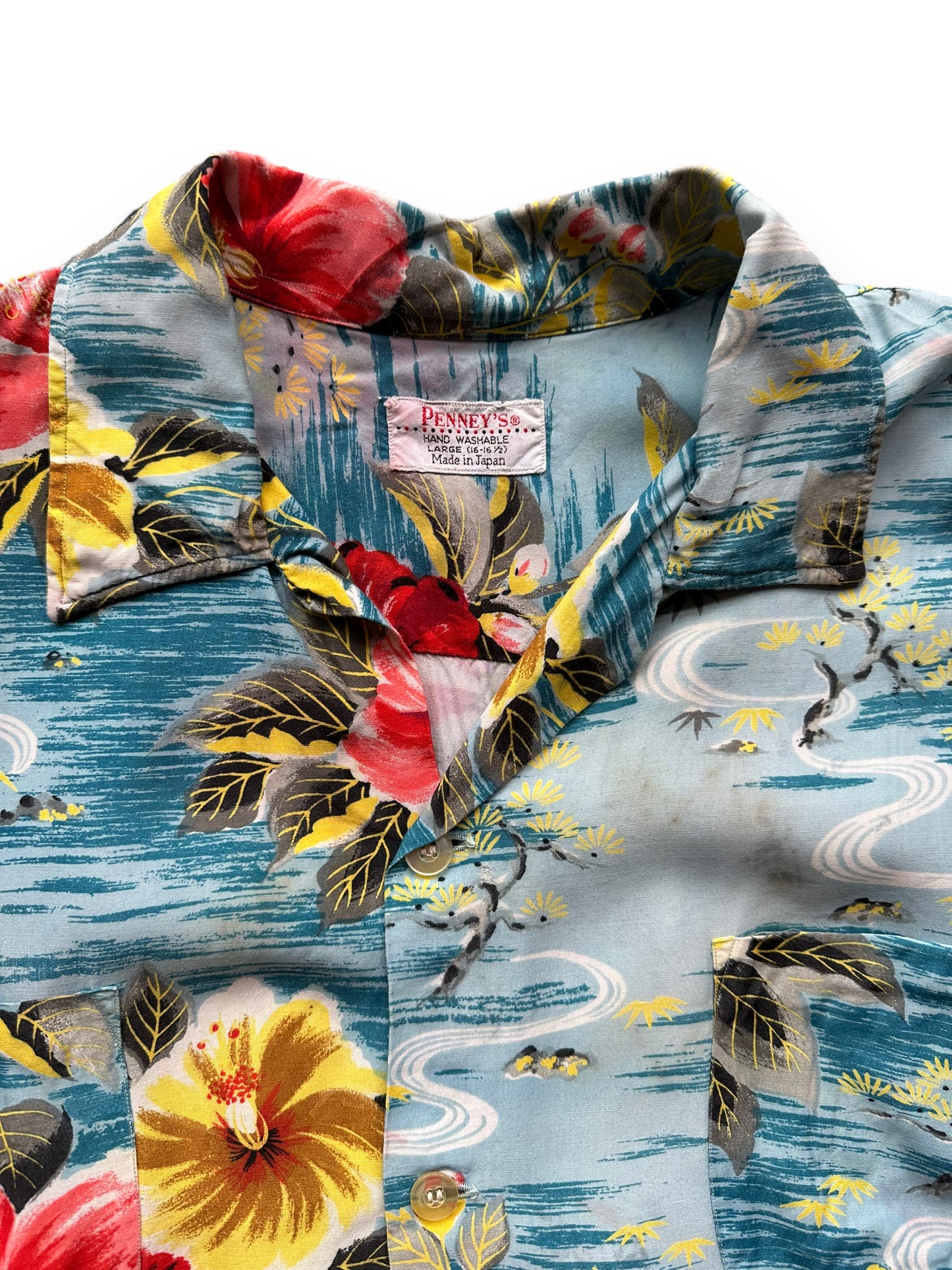 Tag shot of Vintage Made in Japan Penney's Blue/Pink/Yellow Floral Aloha Shirt SZ L | Seattle Vintage Rayon Hawaiian Shirt | Barn Owl Vintage Clothing Seattle