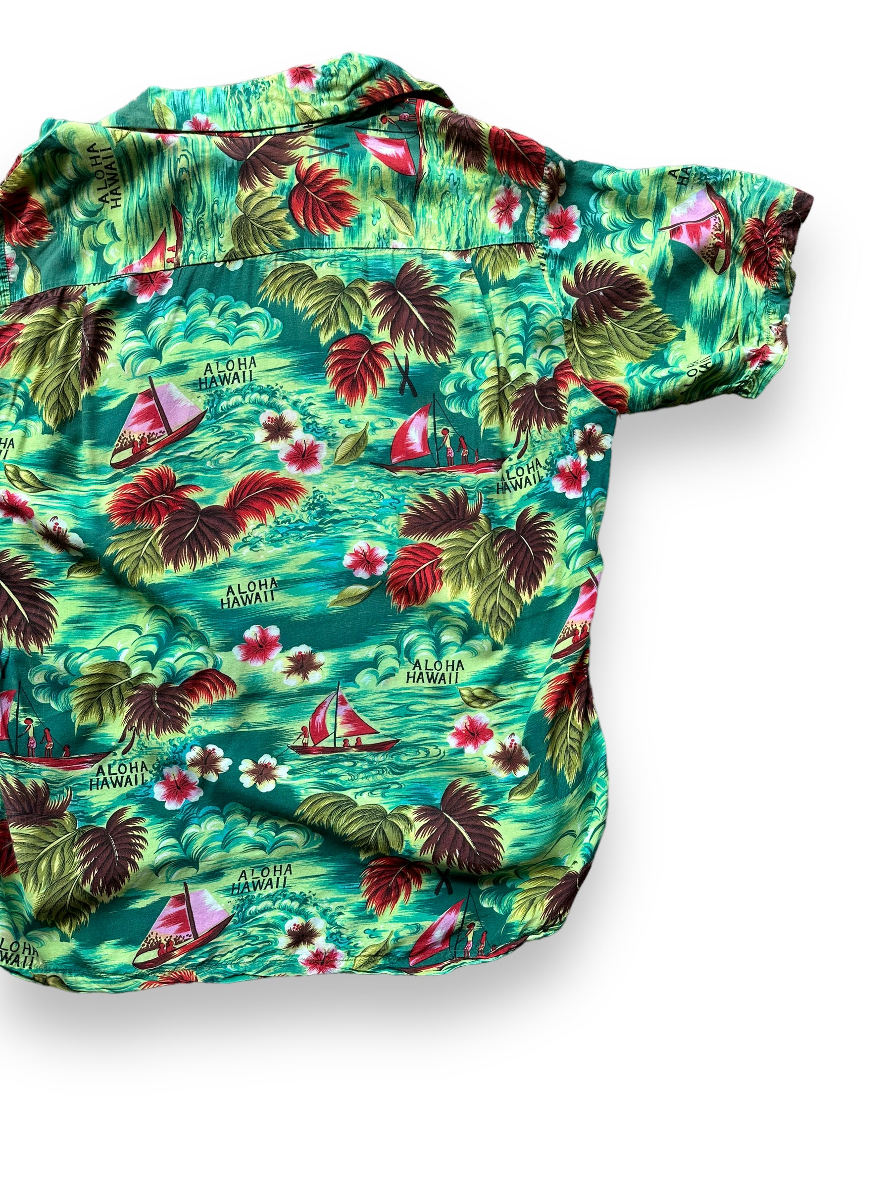 Right Rear View of Vintage Island Fashions Green Rayon Aloha Shirt SZ M | Seattle Vintage Rayon Hawaiian Shirt | Barn Owl Vintage Clothing Seattle