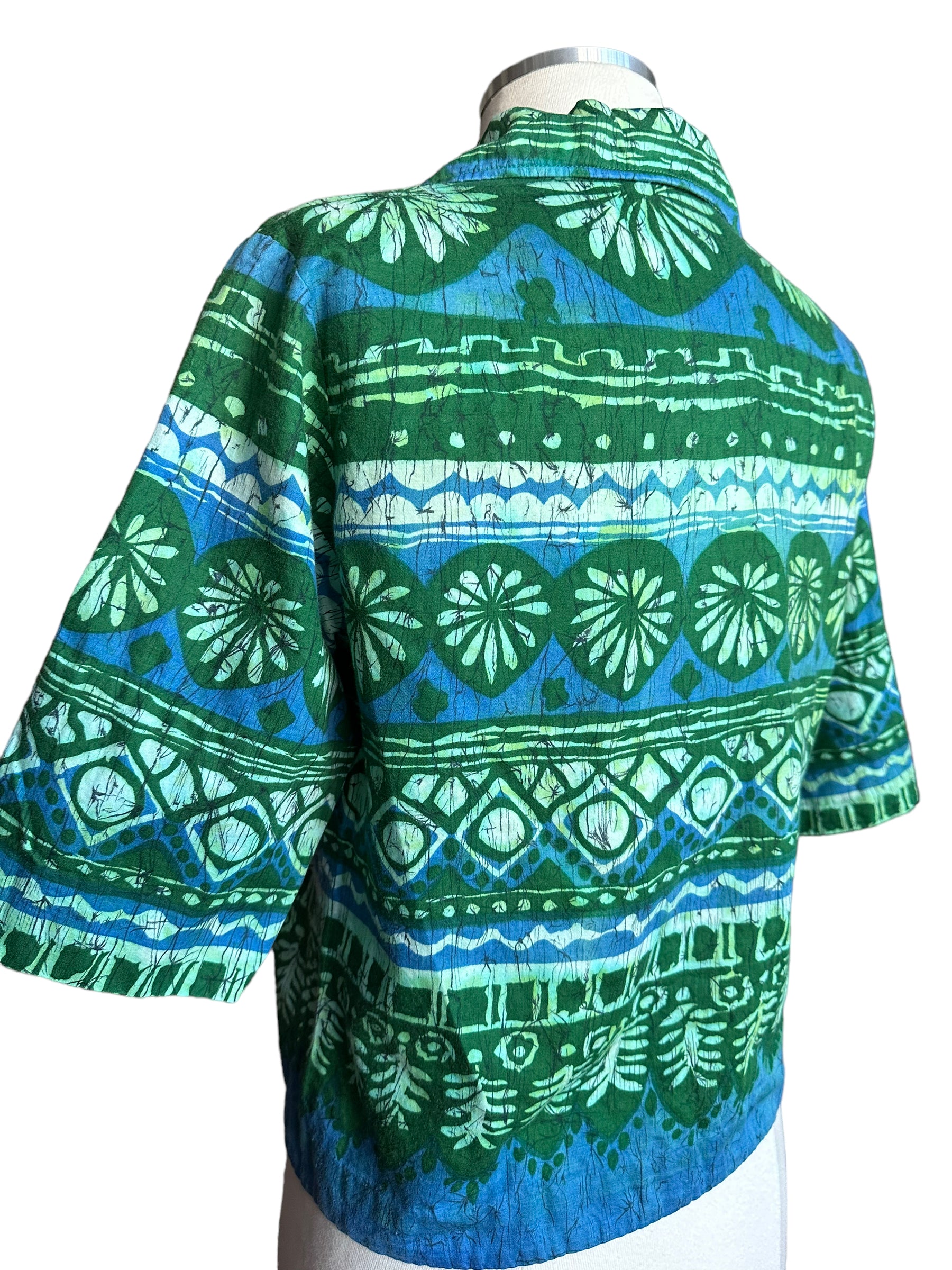 Back left side view of Vintage 1950s Batik Style Shirt | Seattle Vintage Ladies Clothing | Barn Owl True Vintage