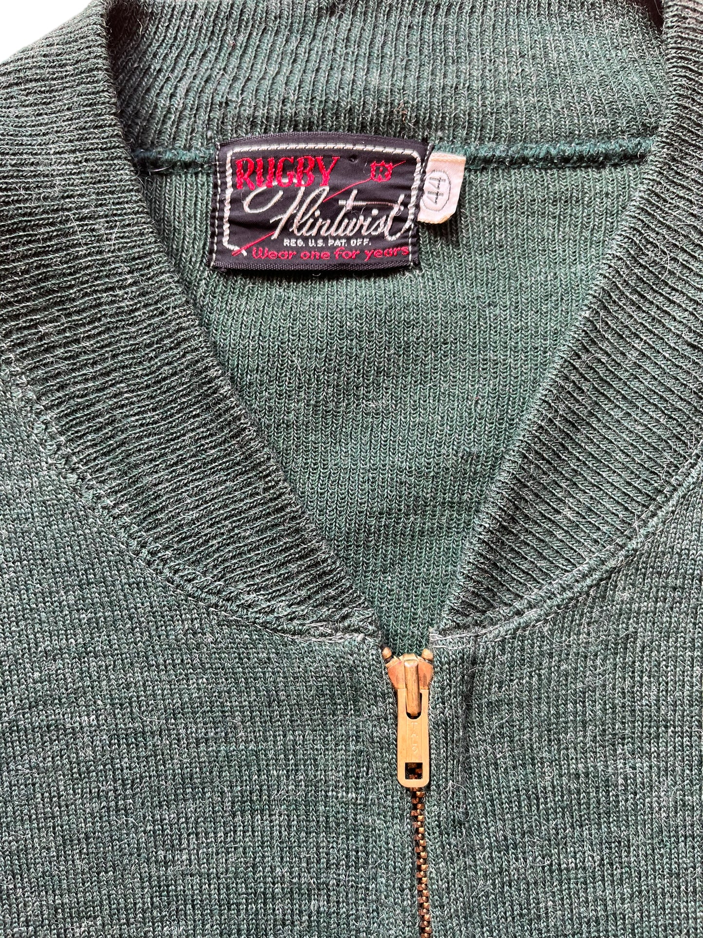 Front zipper and tag view of Vintage 1950s Flintwist Rugby Sweater 