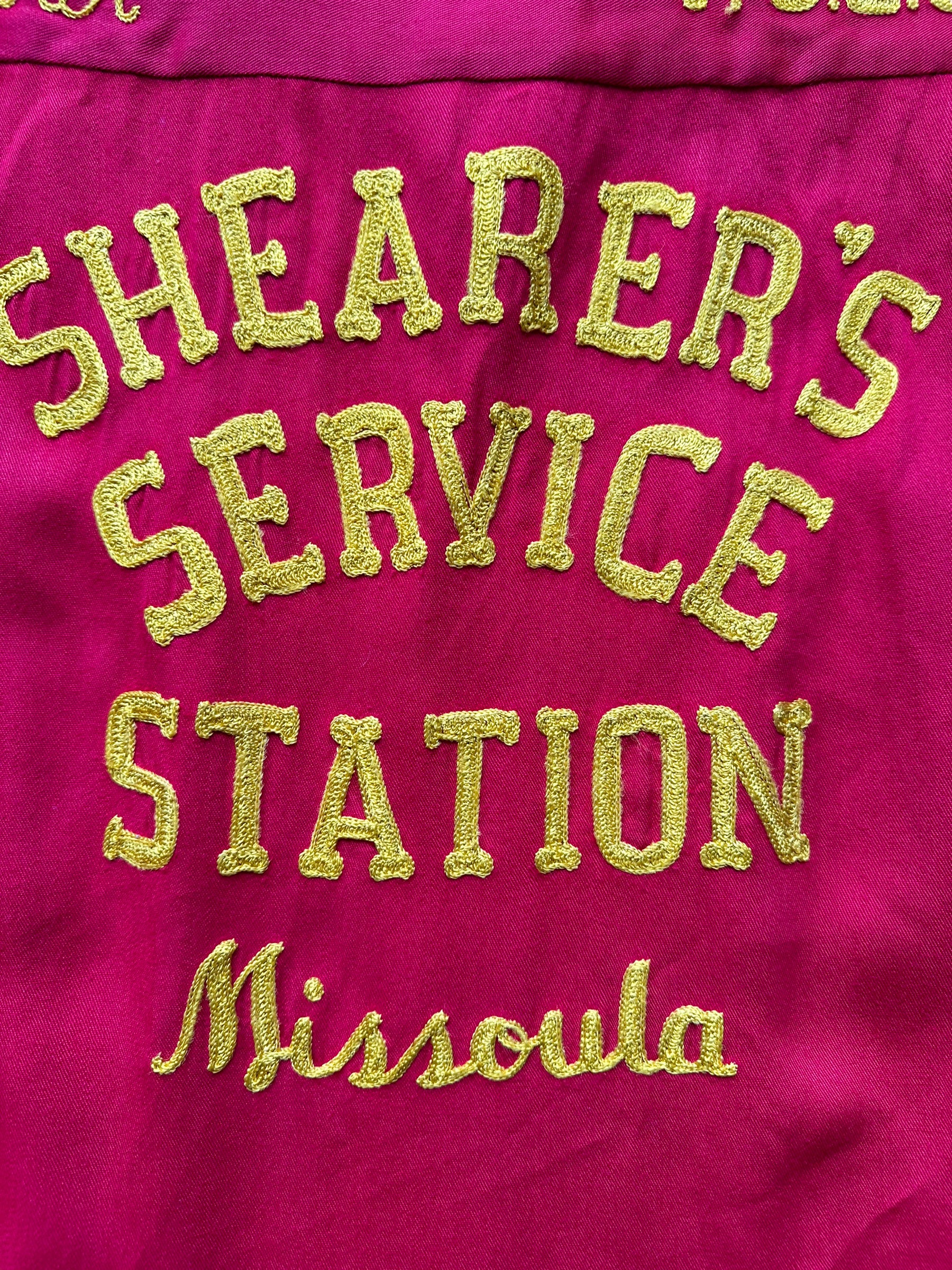 Logo close up of Vintage "Shearer's Service Station" Chainstitched Bowling Shirt SZ M | Vintage Bowling Shirt Seattle | Barn Owl Vintage Seattle
