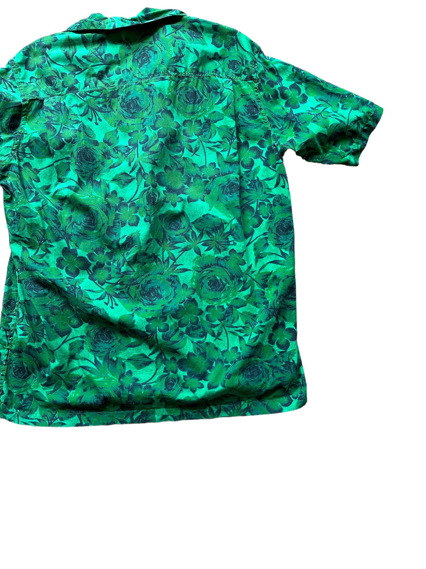 Back right shot of Vintage Green Aloha Shirt SZ XL | Seattle Vintage Rayon Hawaiian Shirt | Barn Owl Vintage Clothing Seattle