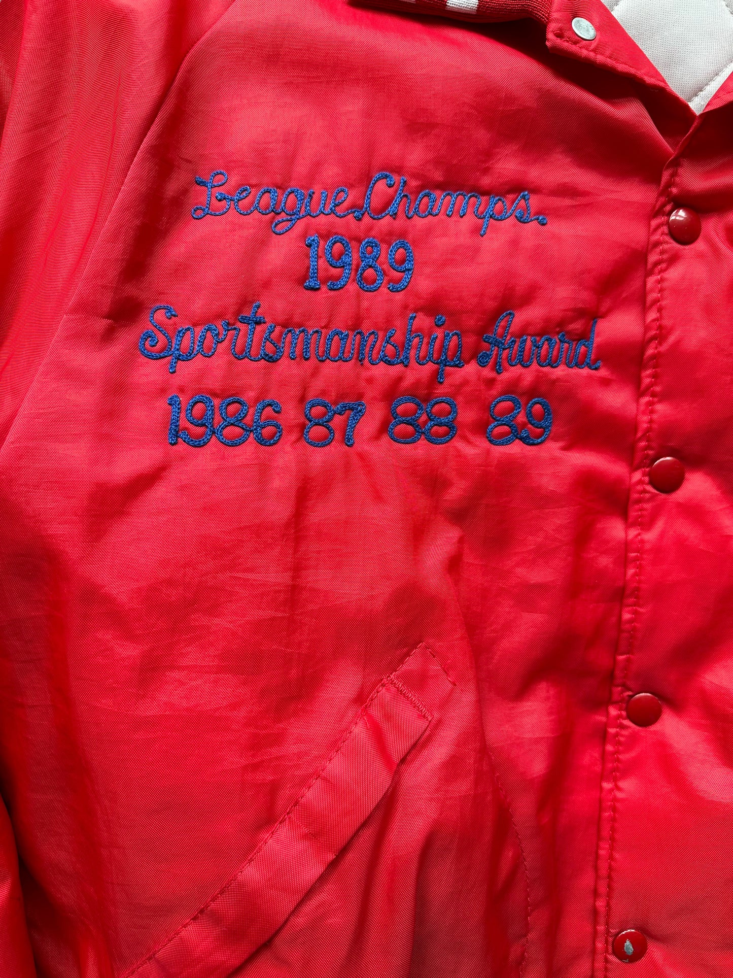 Script embroidery shot of Vintage Ballard Oil Vikings Coaches Jacket SZ XL | Vintage Coaches Jacket Seattle | Seattle Vintage Coats