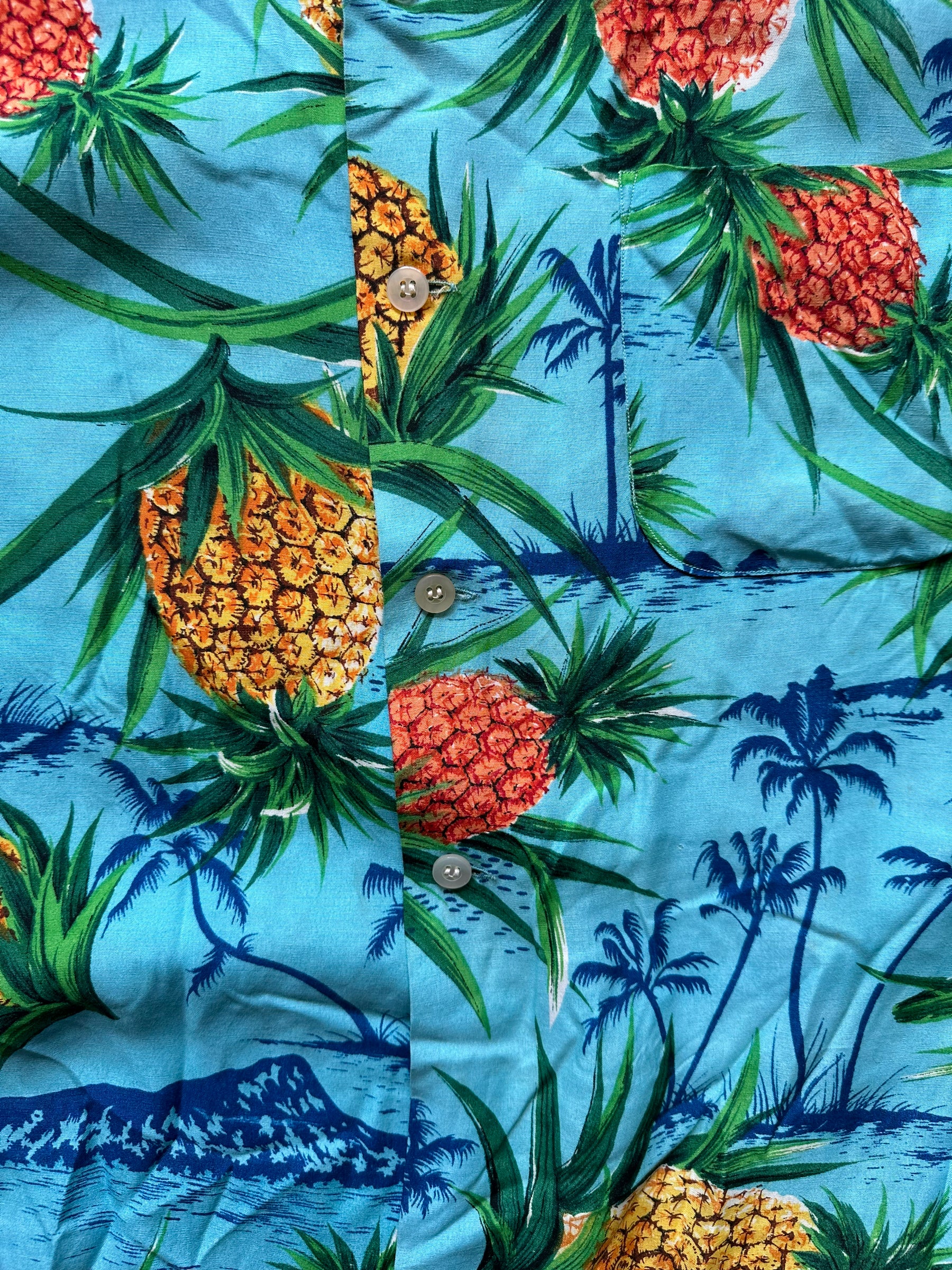 Pattern Detail on Vintage South Pacific Blue Pineapple Aloha Shirt SZ M | Seattle Vintage Rayon Hawaiian Shirt | Barn Owl Vintage Clothing Seattle