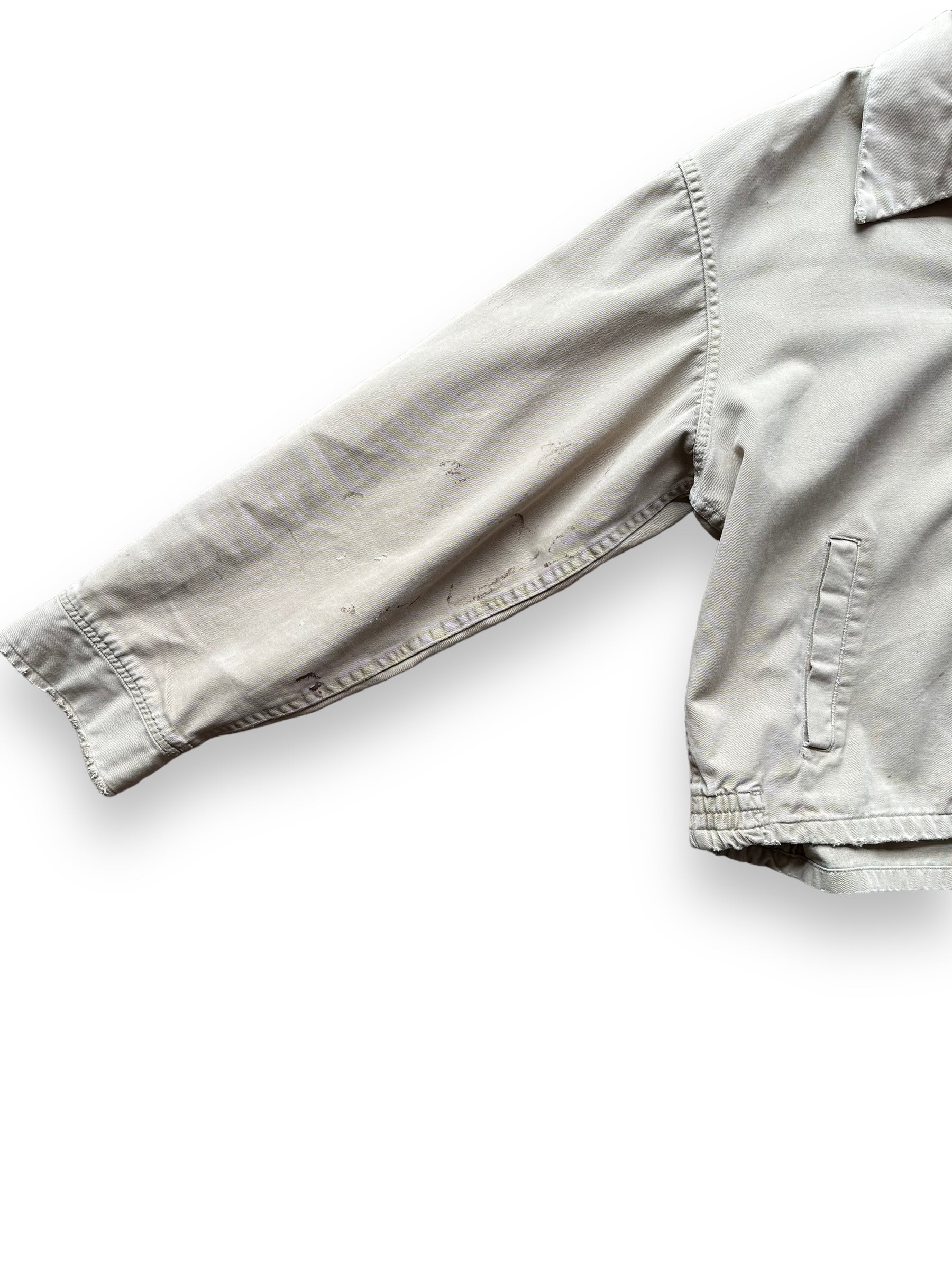 Right Sleeve View of Vintage Cropped Workwear Khaki Jacket SZ L | Vintage European Workwear Seattle | Barn Owl Vintage Goods Seattle