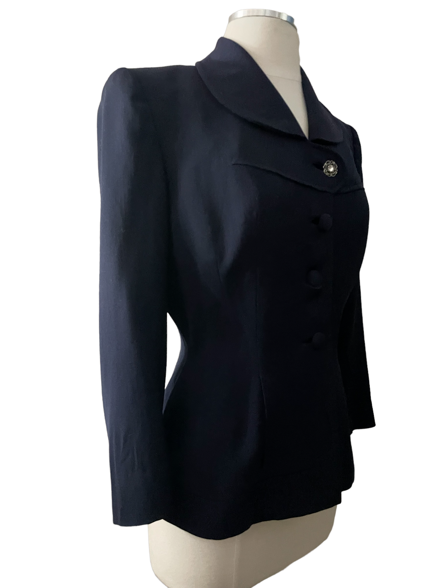 Front Right Quarter View 1940s Best's Apparel Seattle Navy Blue Gabardine Wool Jacket Vintage Clothing Seattle