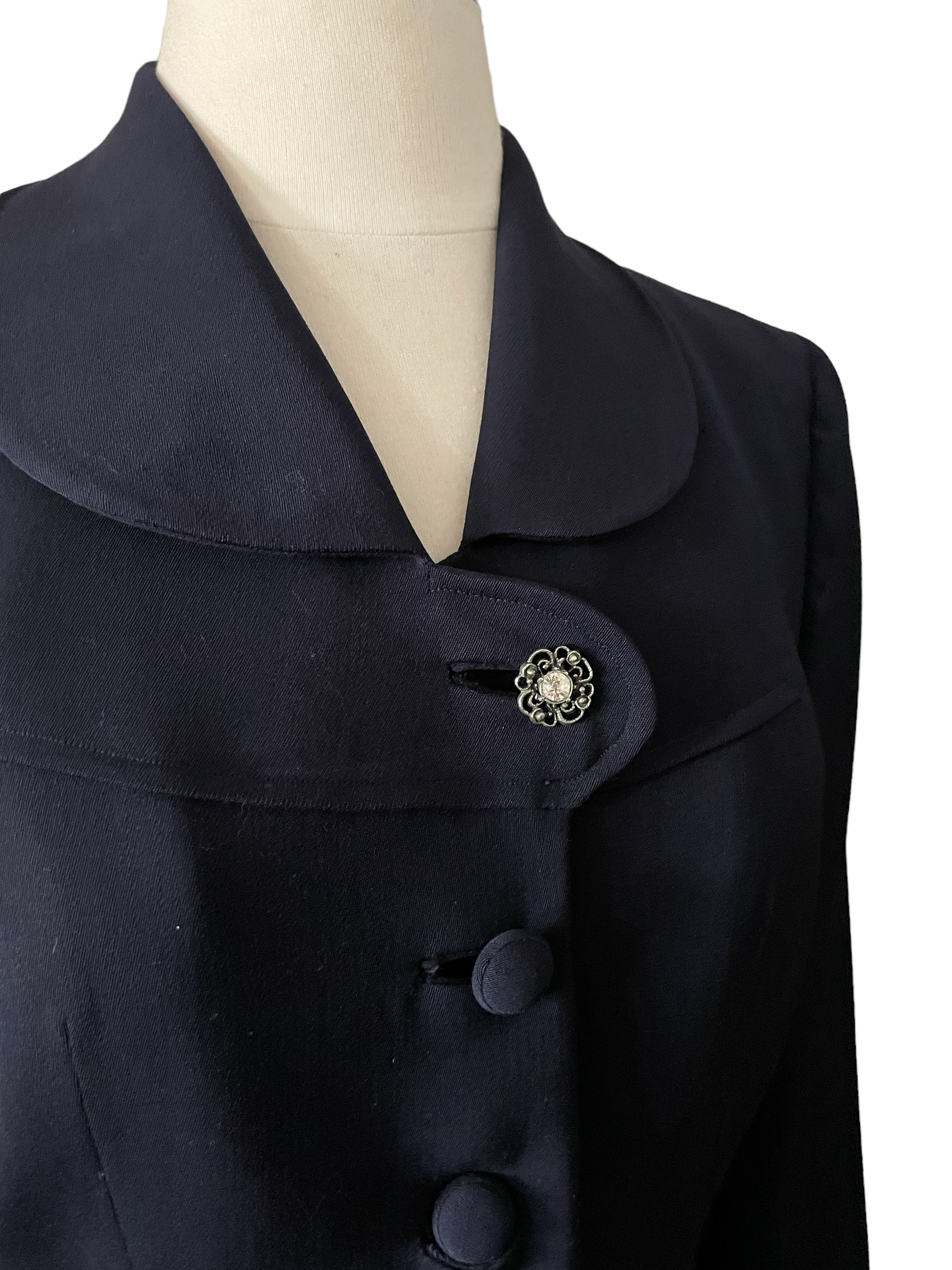 Front Close Up View 1940s Best's Apparel Seattle Navy Blue Gabardine Wool Jacket Seattle Vintage Clothing