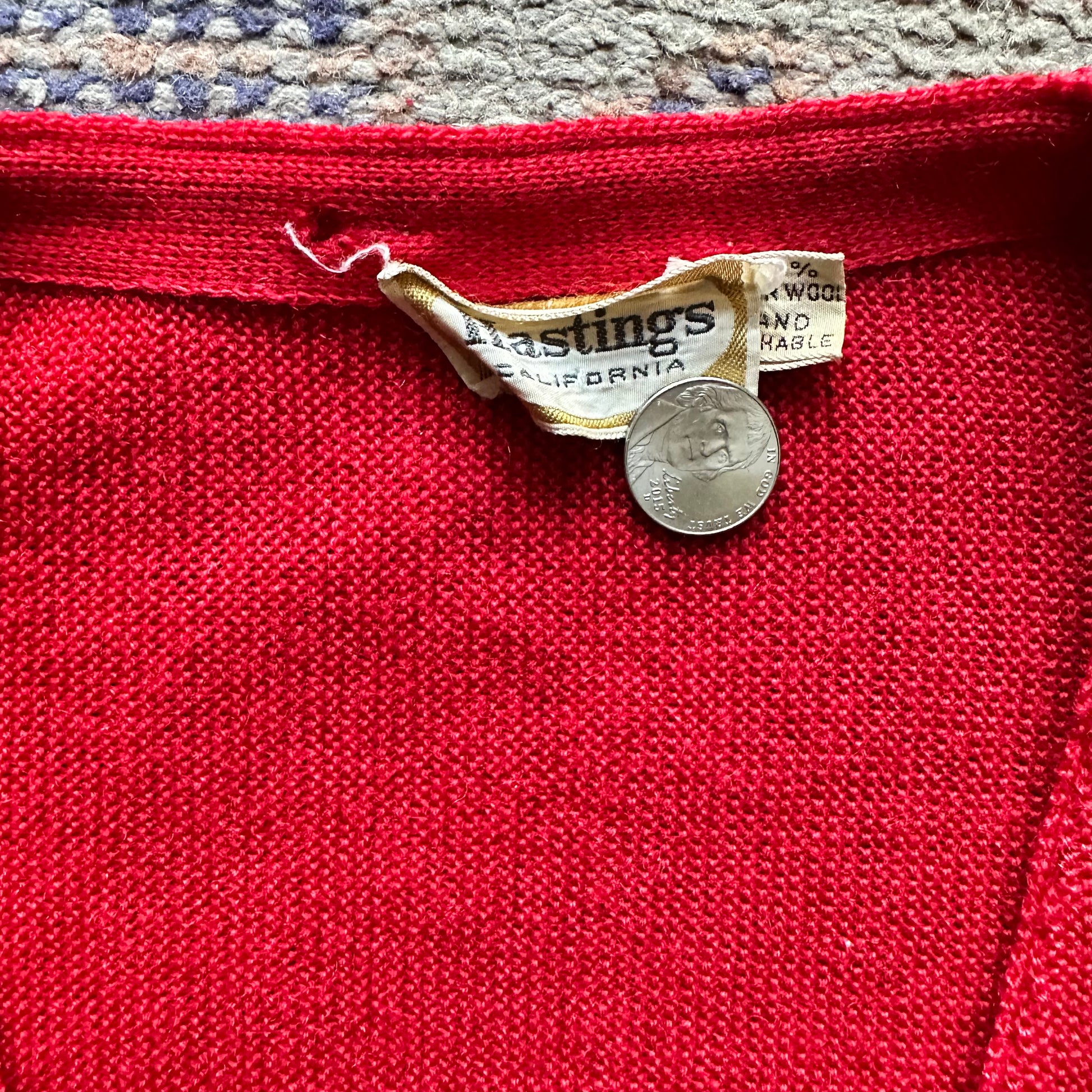 Close Up Tag View  of Vintage Hastings Red Wool Cardigan | Best Vintage Clothing Seattle