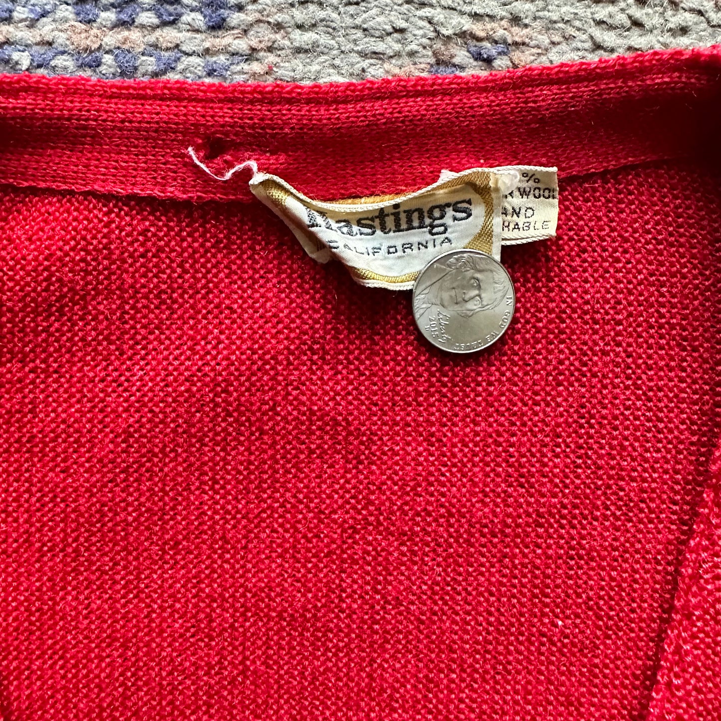 Close Up Tag View  of Vintage Hastings Red Wool Cardigan | Best Vintage Clothing Seattle