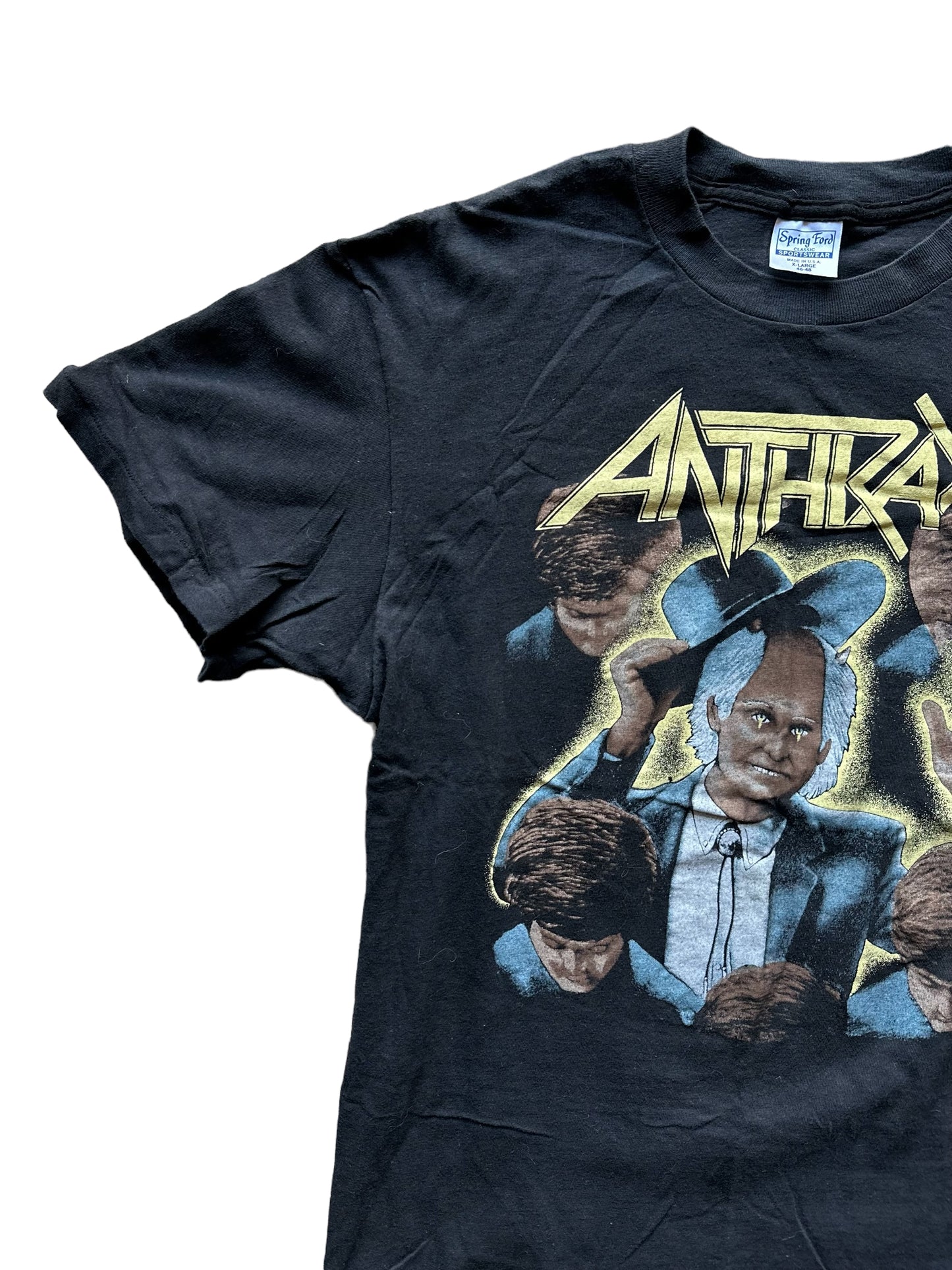 Right Single Stitch Sleeve View on Vintage Anthrax Among the Living Tour Shirt Size XL |  Barn Owl Vintage | Vintage Rock Tee