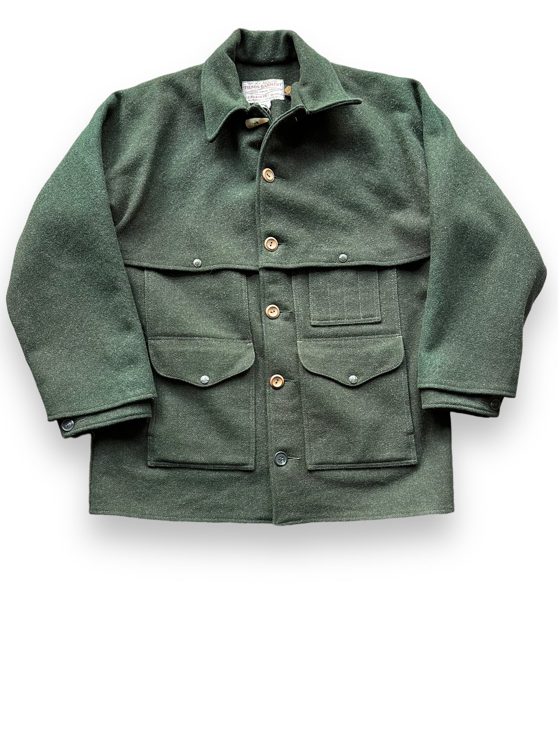 Front View of Vintage Filson Forest Green Double Mackinaw Cruiser SZ 46 XL |  Barn Owl Vintage Goods | Vintage Workwear Seattle