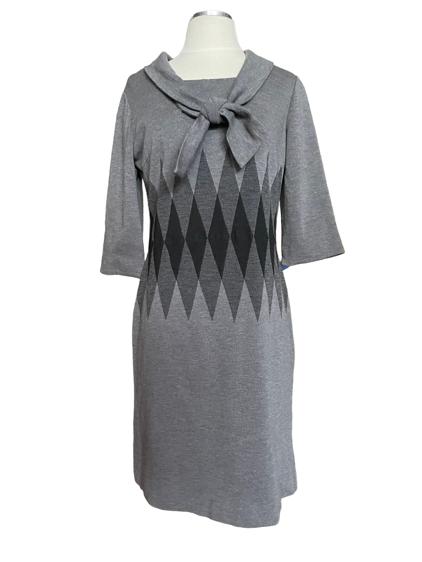Full front view of Vintage 1950's Leslie Fay Grey Wool Dress Sz M-L