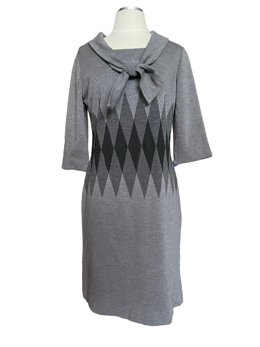 Full front view of Vintage 1950's Leslie Fay Grey Wool Dress Sz M-L