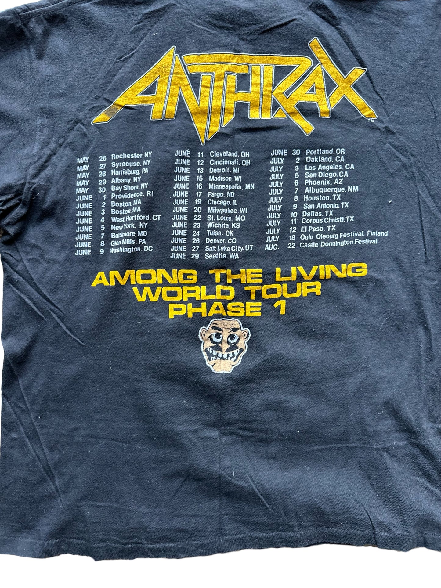 Rear Tour Detail View on Vintage Anthrax Among the Living Tour Shirt Size XL |  Barn Owl Vintage | Vintage Rock Tee