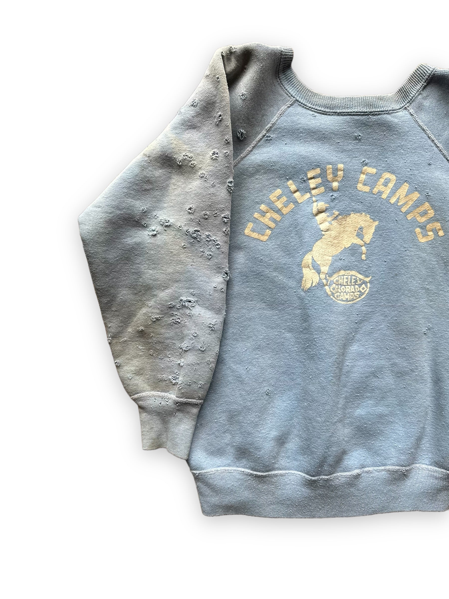 Right Front View on Vintage Distressed Cheley Camps Colorado Crewneck Sweatshirt | Vintage Crewneck Seattle | Barn Owl Vintage Clothing