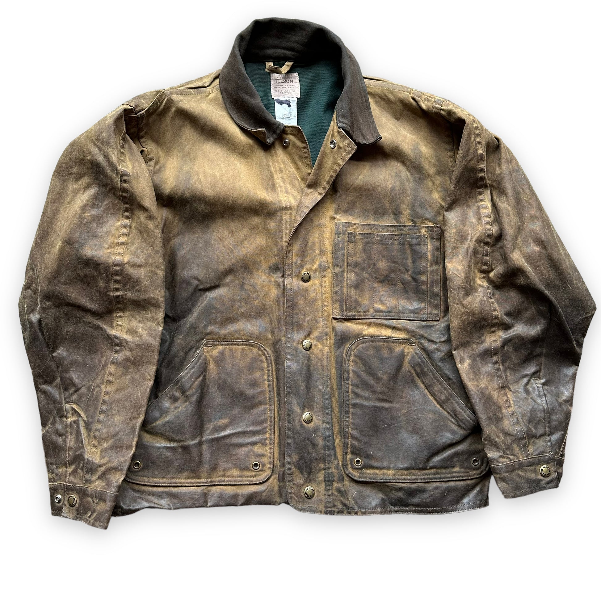 Front View of Vintage Filson Style 621 Lined Tin Cloth Field Jacket Size M |  Barn Owl Vintage Goods | Vintage Filson Tin Cloth Jacket Seattle