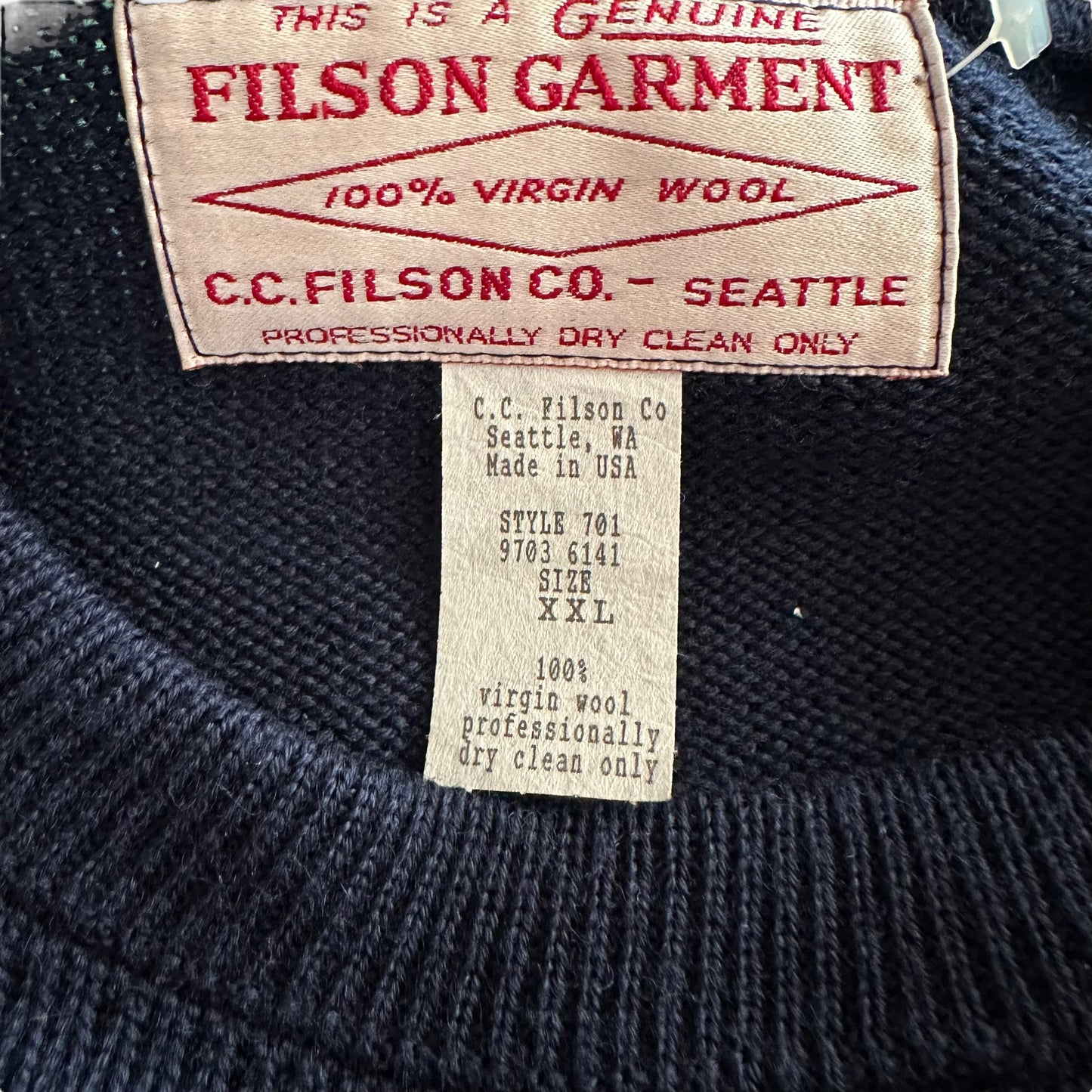 Tag View of Deadstock Filson Navy Guide Sweater SZ XXL |  New Old Stock Filson | Vintage Workwear Seattle