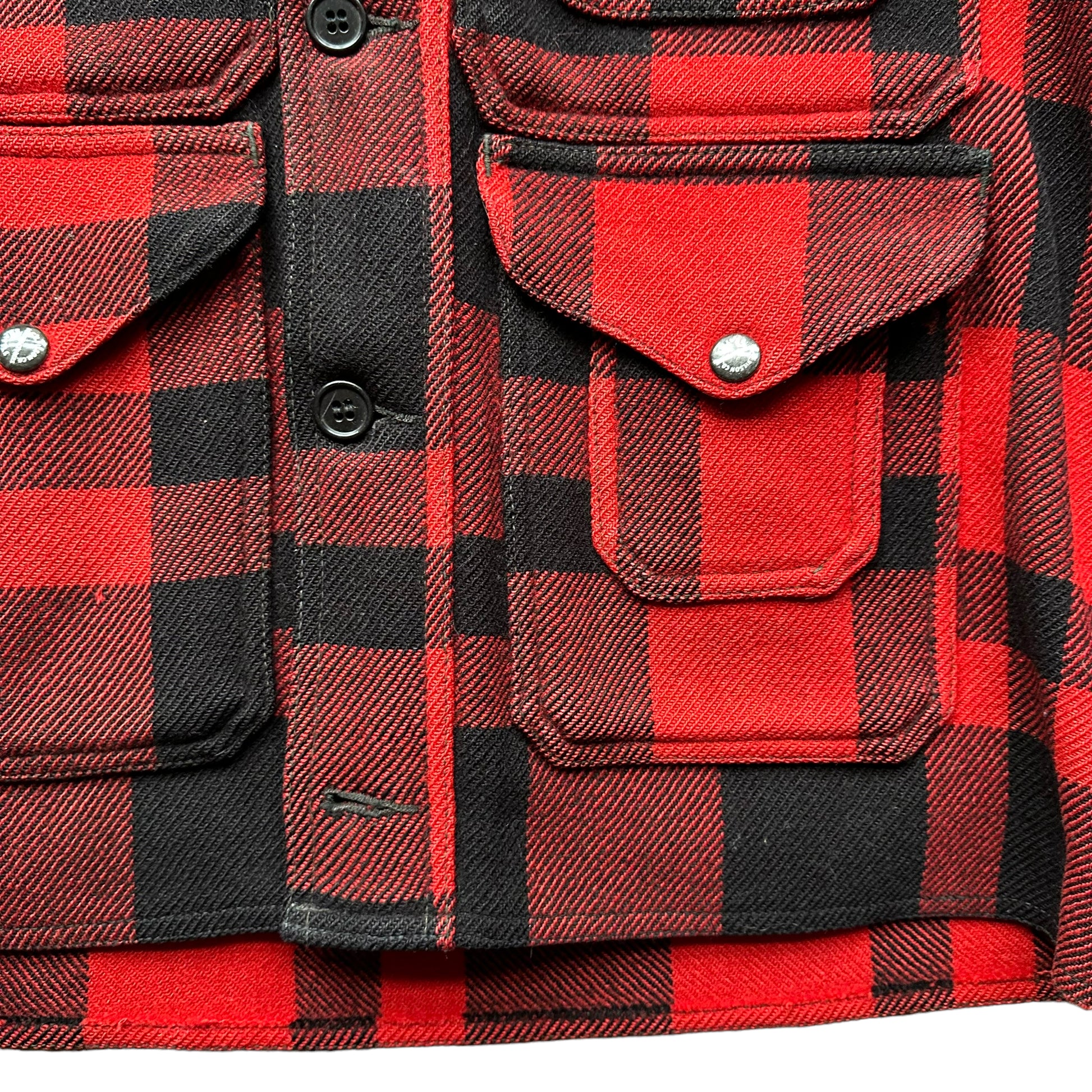 Lower Front View of Enameled Snaps and Offset Pockets on Vintage 50s Era Union Made Filson Red and Black Wool Cruiser SZ 40 |  Vintage Filson Buffalo Plaid Cruiser | Vintage Workwear Seattle