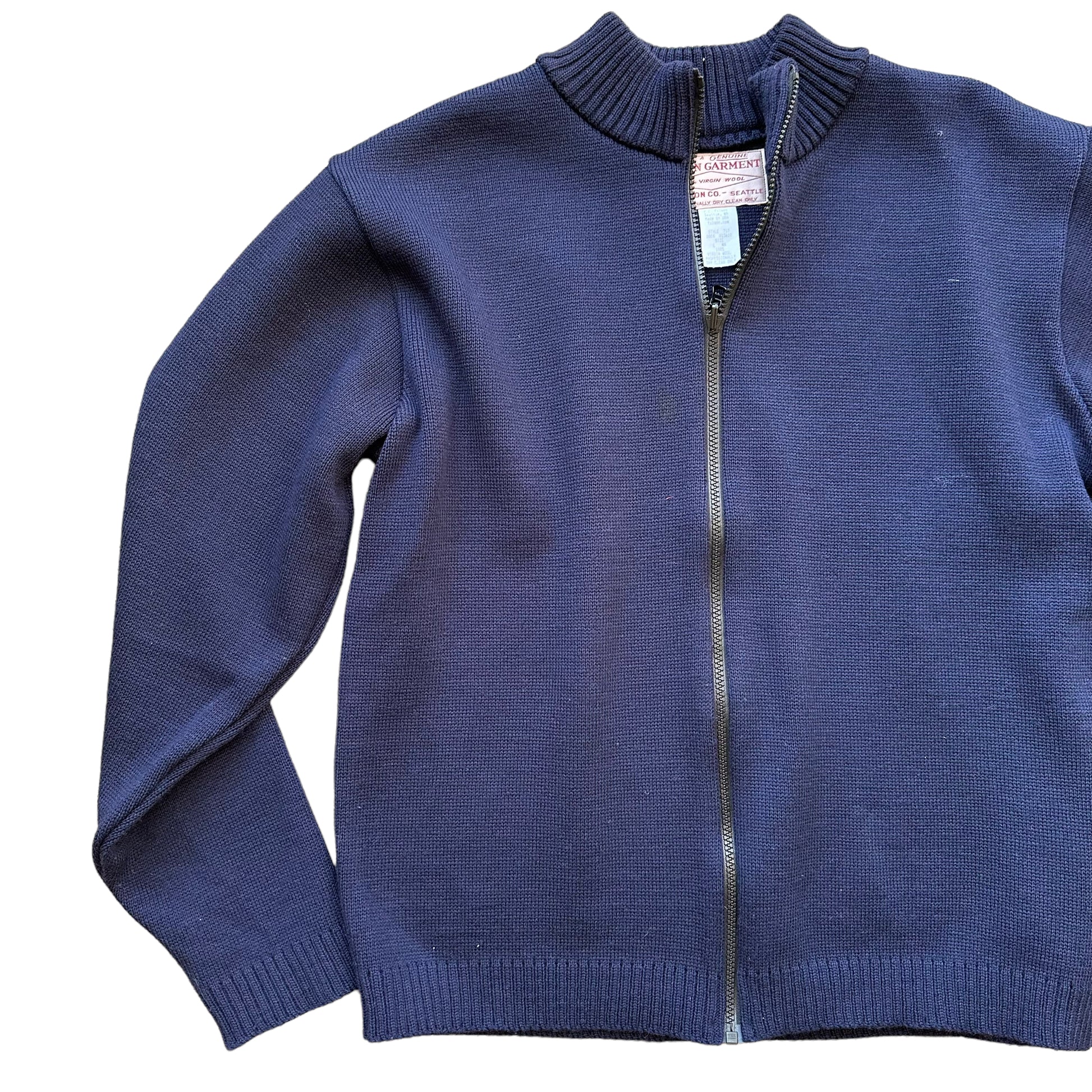 Front Right View of Filson Style 717 Navy Blue Zip Up Cardigan SZ L |  Barn Owl Vintage Goods | Vintage Workwear Seattle
