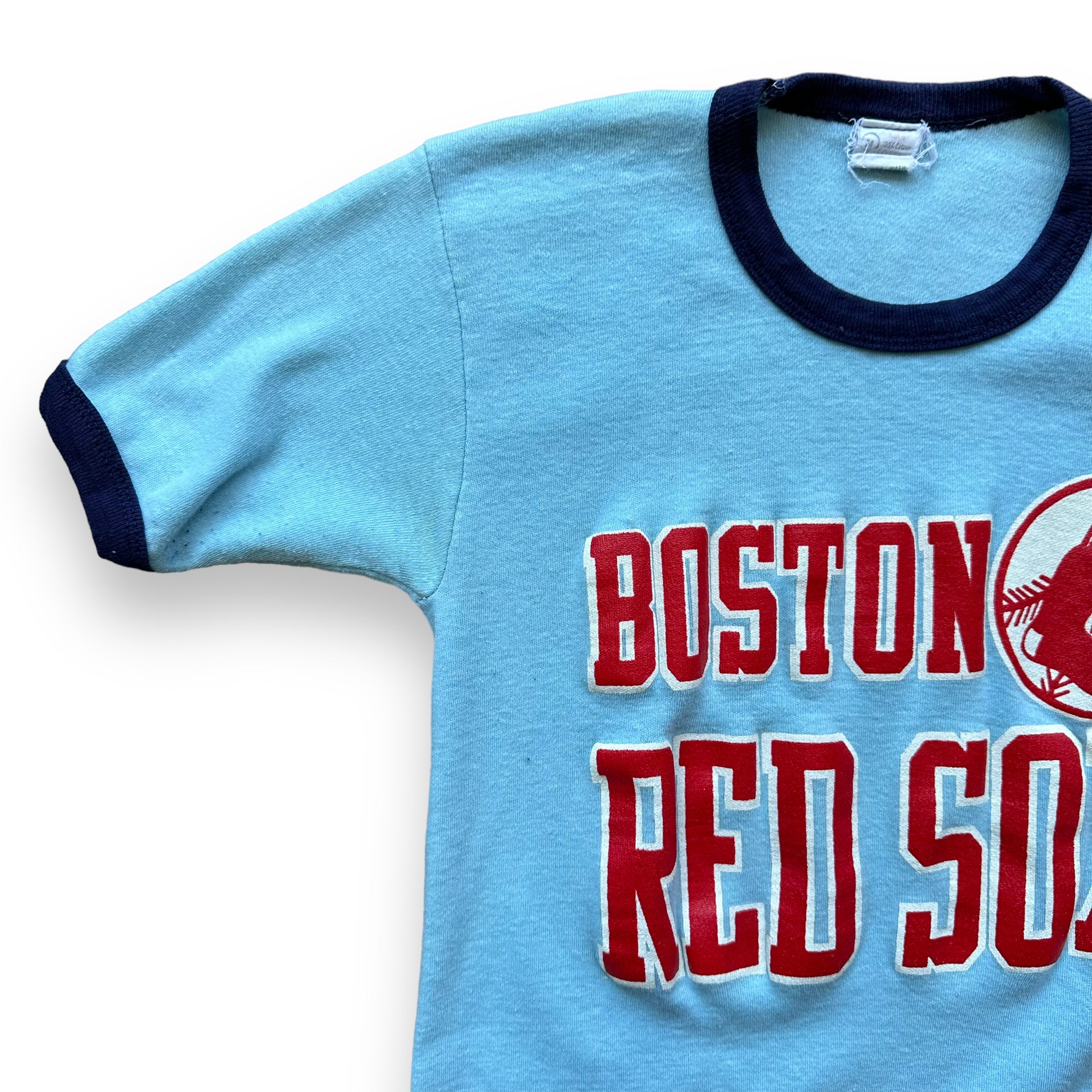 Front Right Sleeve View of Vintage Powder Blue Red Sox Ringer Tee SZ M | Vintage Red Sox T-Shirts Seattle | Barn Owl Vintage Tees Seattle