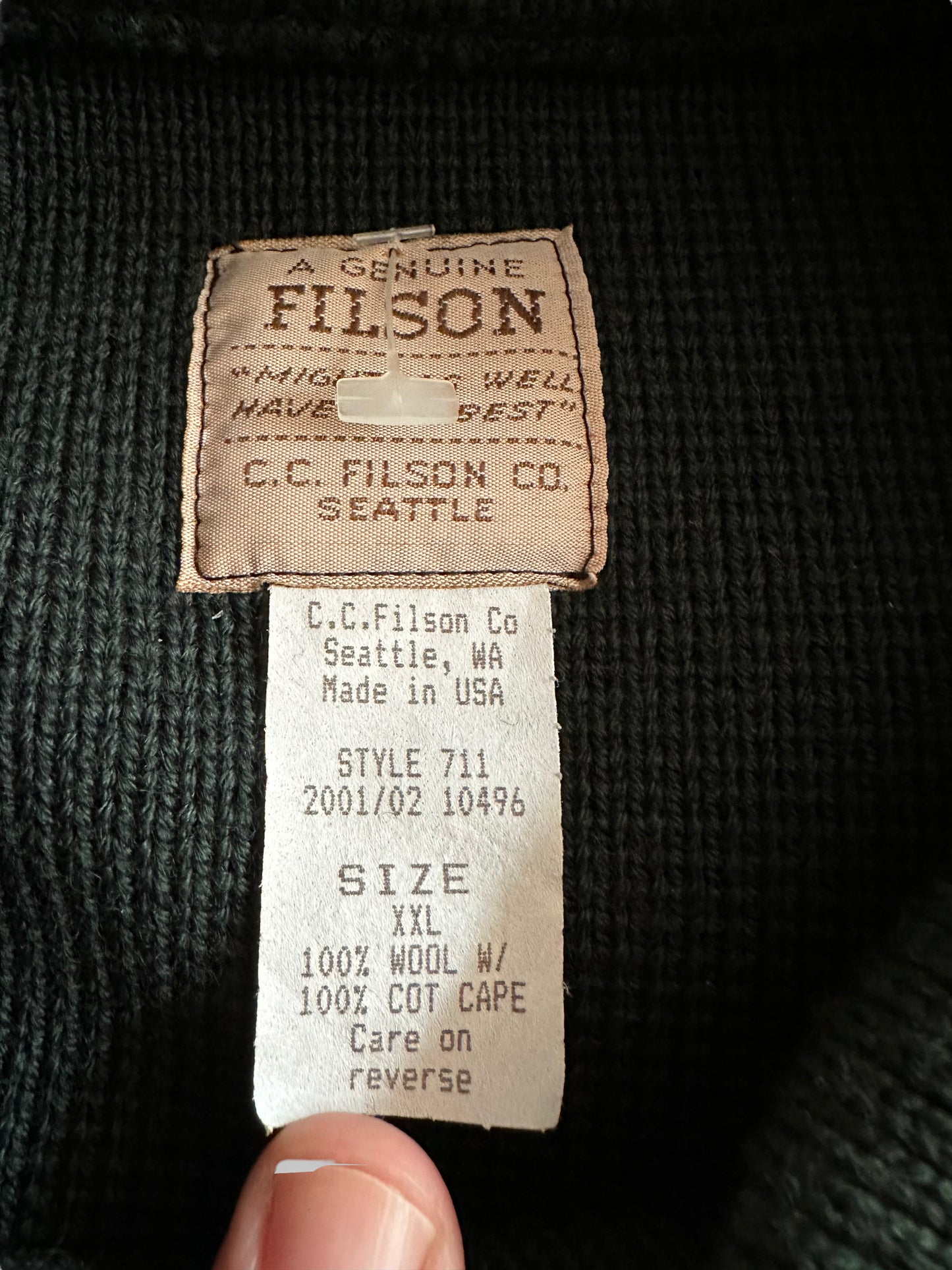 Tag View of Deadstock Filson Guide Sweater SZ XXL | Vintage Filson Workwear Seattle | Barn Owl Vintage Goods