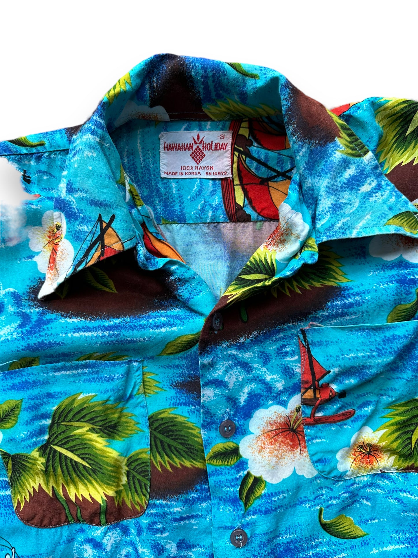 Upper Front View of Vintage Blue Patterned Hawaiian Holiday Rayon Shirt SZ S | Seattle Vintage Hawaiian Shirt | Barn Owl Vintage Clothing Seattle