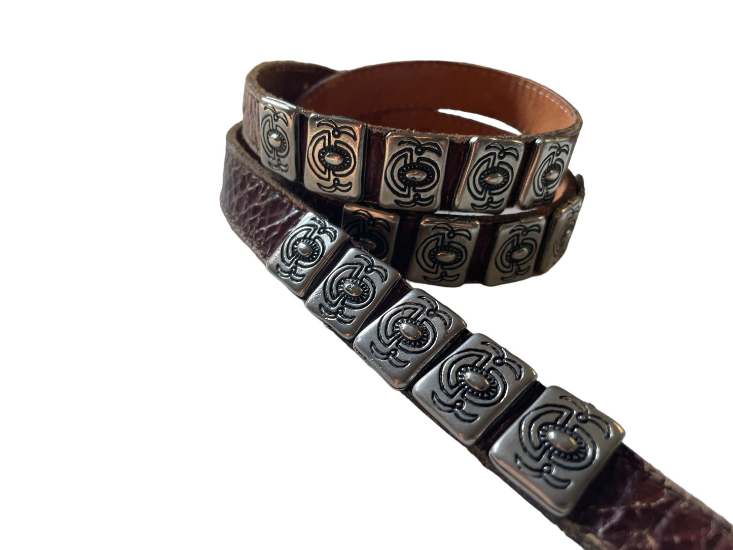 Vintage Leather Belt with Silver Buckle View of silver stamped studs.