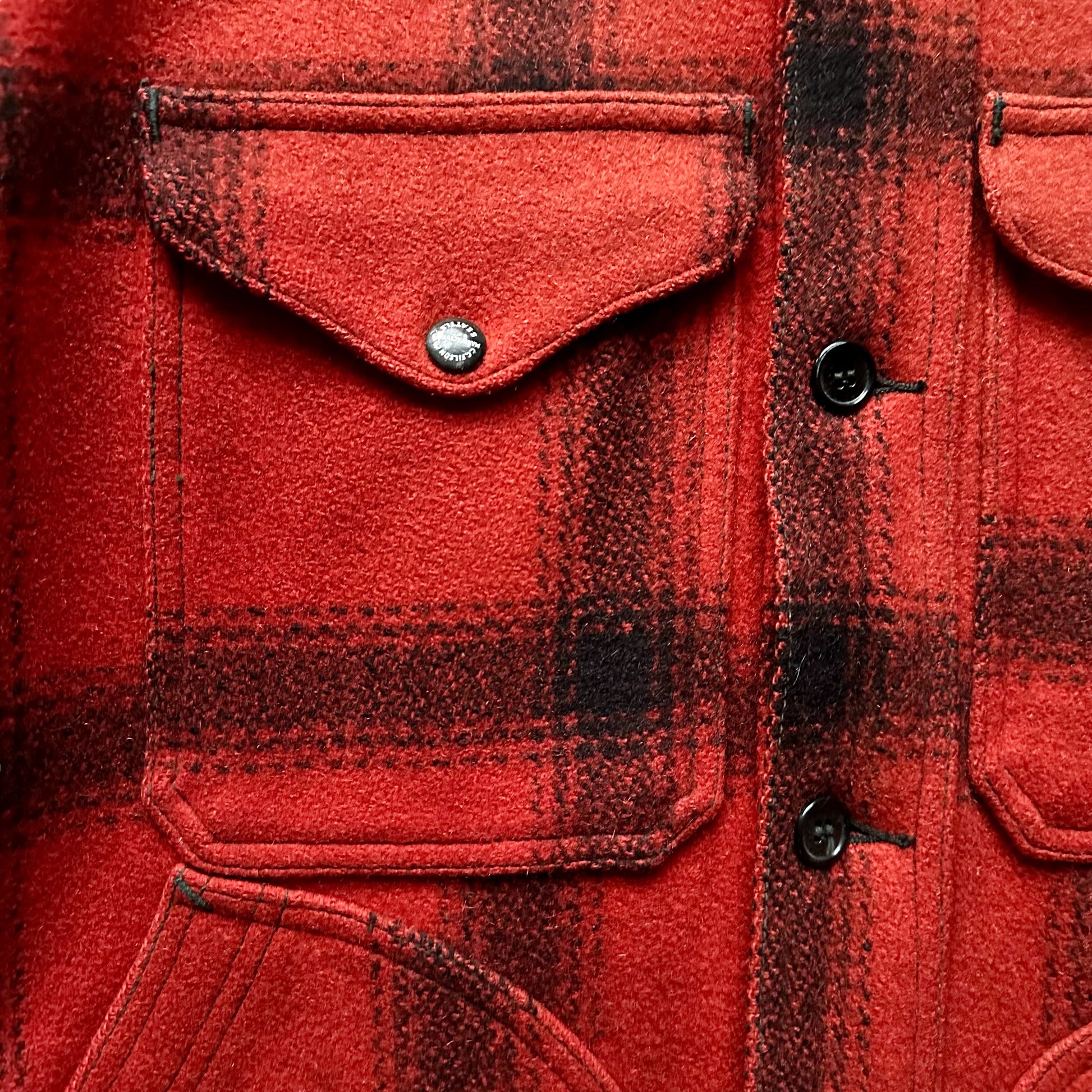 Upper Right Enameled Pocket Snaps on Vintage 75% Red Filson Hunter Wool Jacket SZ 42 |  Vintage Workwear Seattle