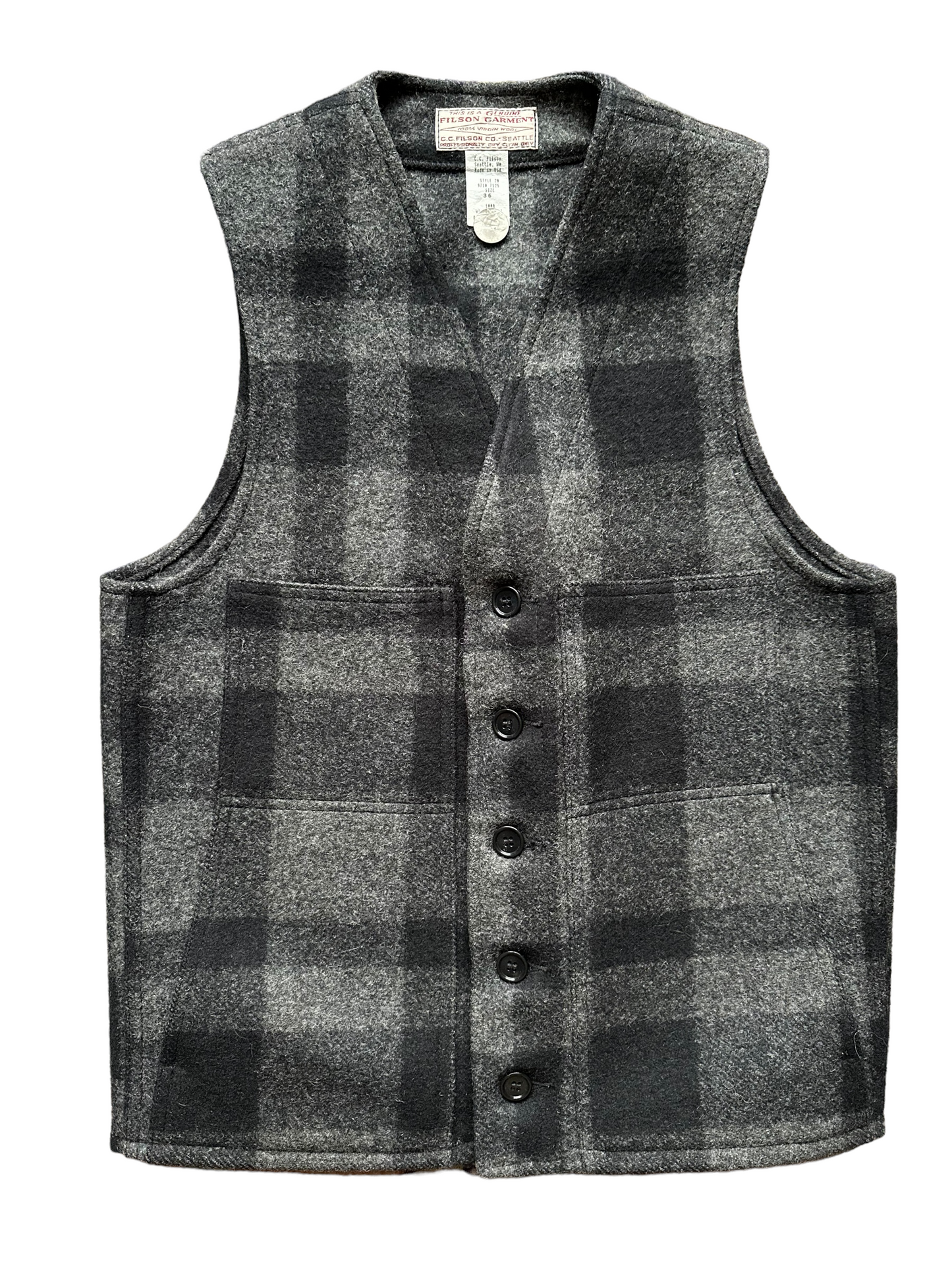 Front View of Vintage Filson Mackinaw Vest SZ 36 |  Charcoal & Black Mackinaw Wool | Filson Seattle Workwear