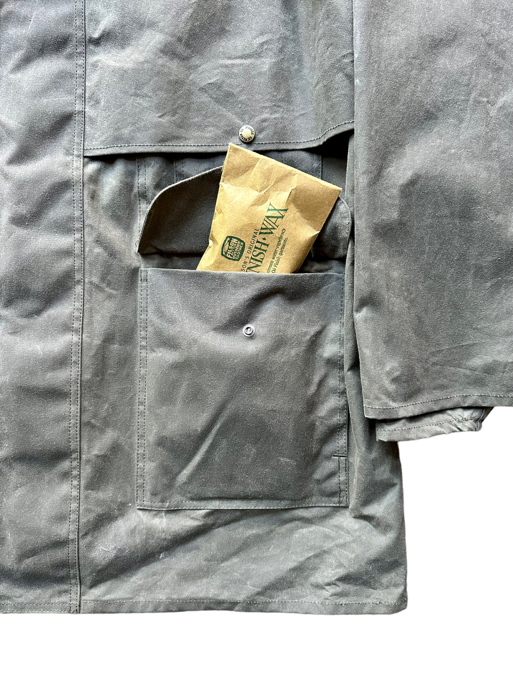 Wax in Pocket of NWT Vintage Filson Shelter Cloth Packer Coat SZ 46 |  Barn Owl Vintage Goods Filson | Vintage Filson Tin Cloth Workwear Seattle