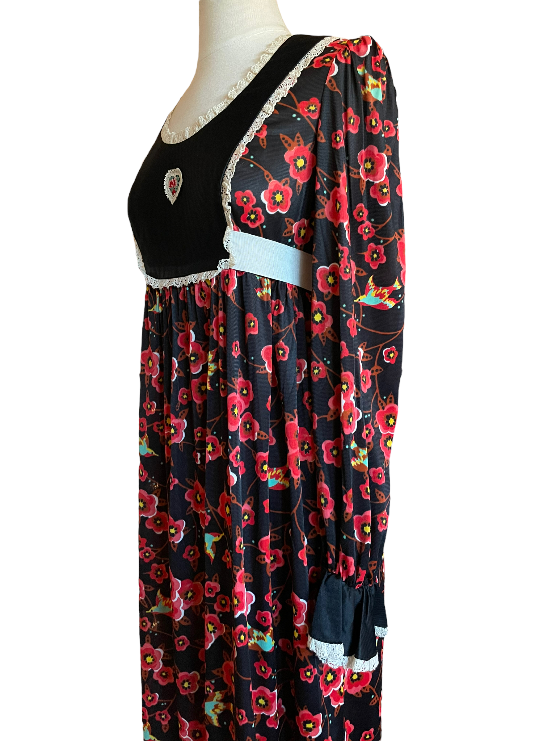 Vintage 1960s Cherry Blossom Maxi Dress SZ S-M |  Barn Owl Vintage | Seattle Vintage Dresses Left side view.