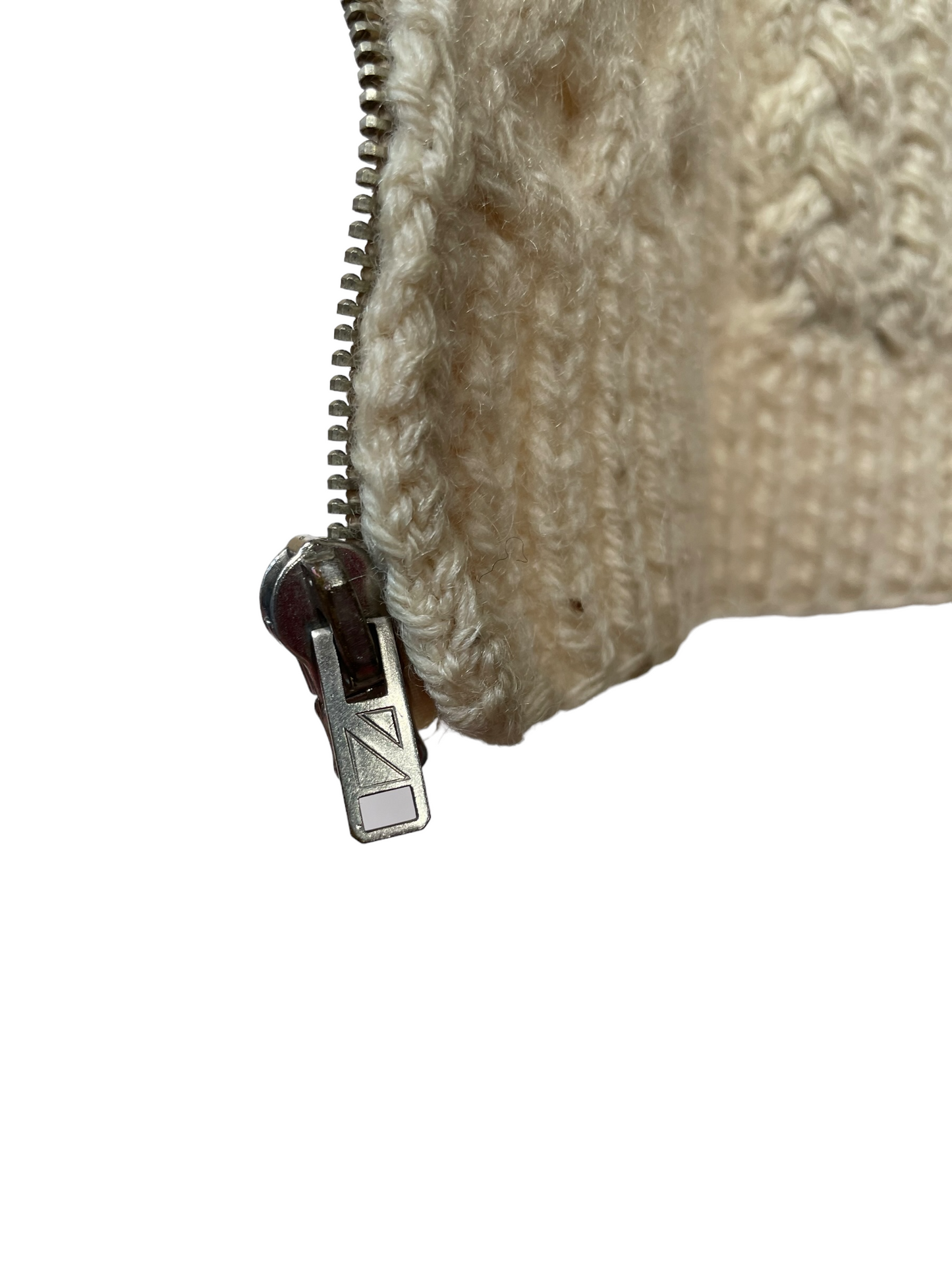 Close up metal zipper pull Vintage 1940's Wool Hand Knit Zip up Cardigan Sweater | Barn Owl Vintage | Seattle True Vintage