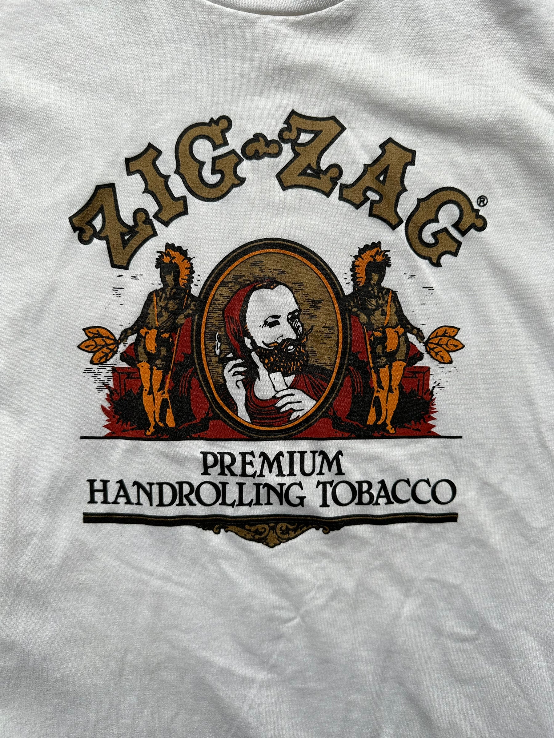 Front Graphic Detail on Vintage White Zig-Zag Premium Hand-Rolling Tobacco Tee SZ M | Vintage Weed Tees Seattle | Barn Owl Vintage