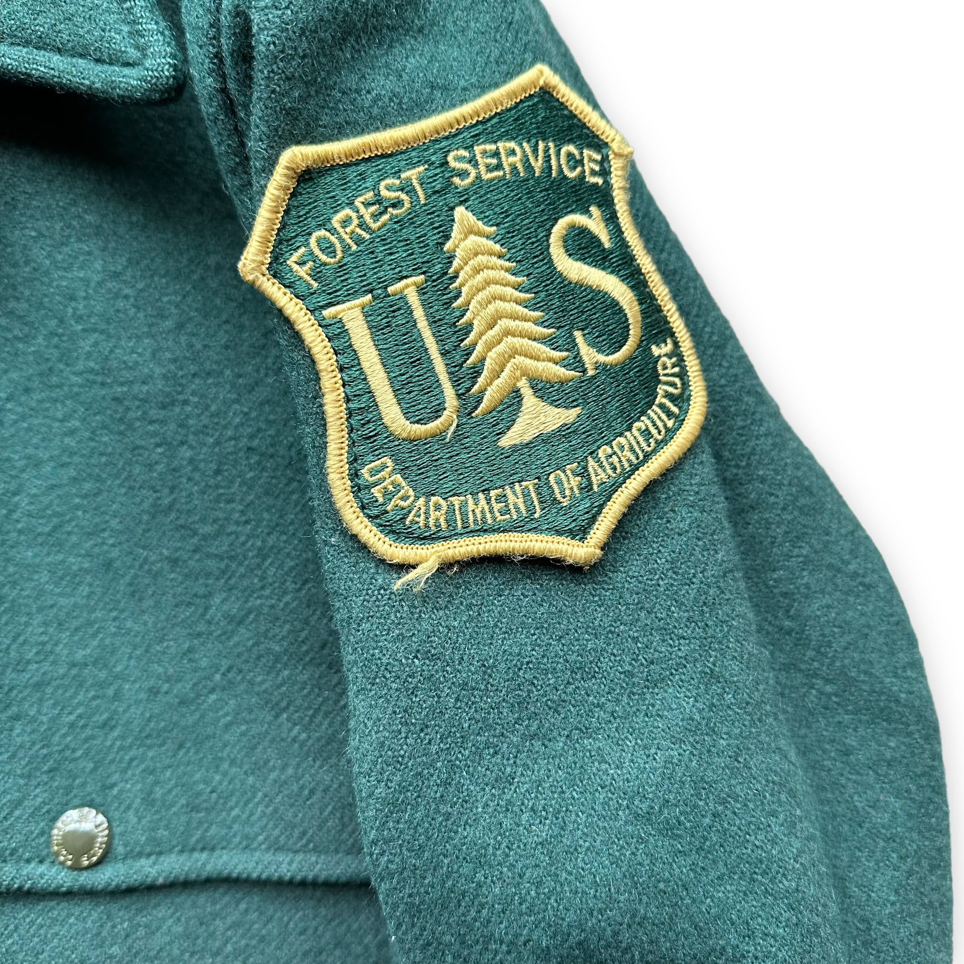 USFS Patch on Vintage Filson USFS Green Cape Coat SZ M XLong | Vintage Filson Forestry Cape Coat | Vintage Workwear Seattle