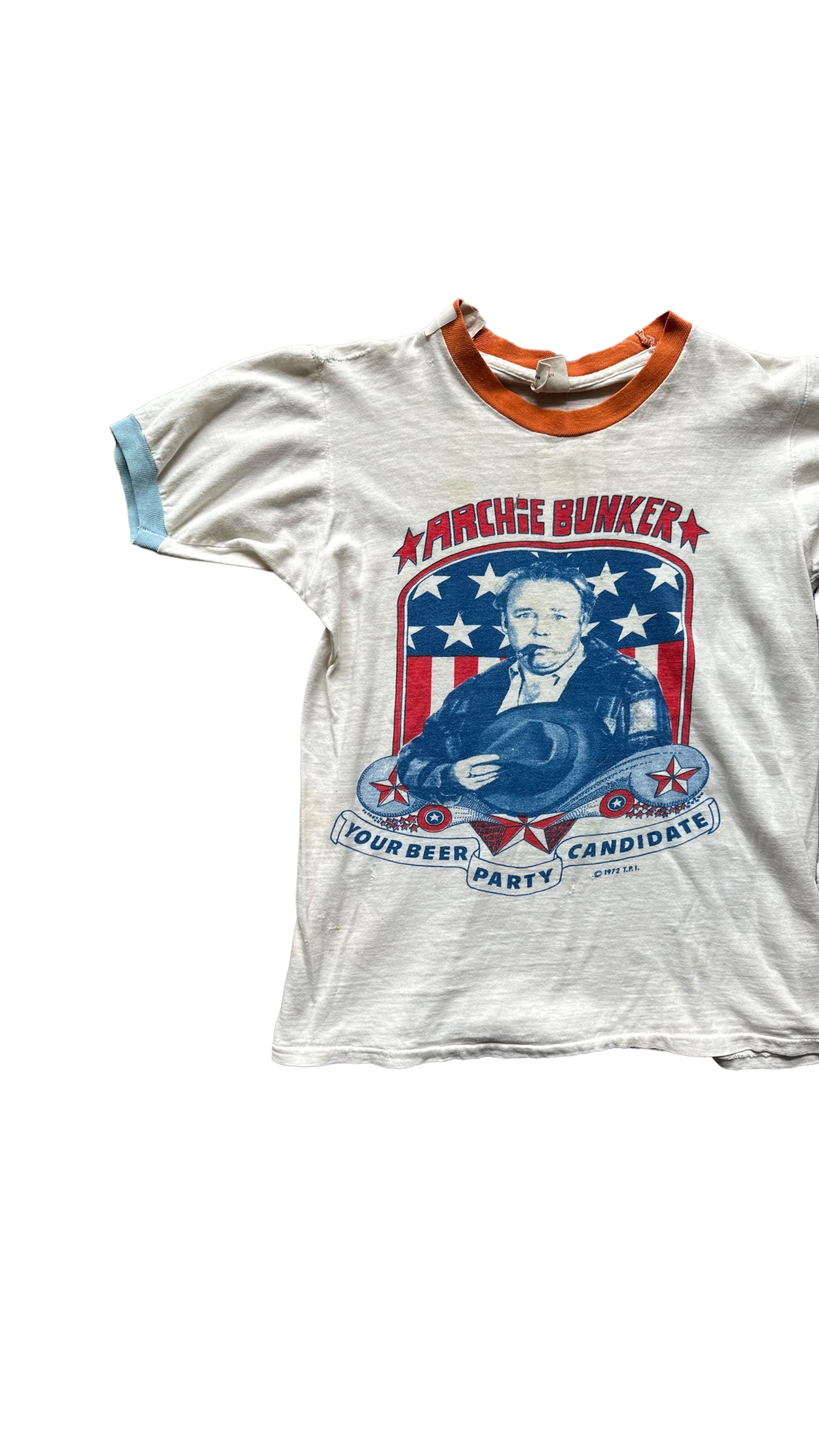 Front Right View of Vintage Archie Bunker Ringer Tee SZ S |  Vintage Ringer Tee Seattle | Barn Owl Vintage