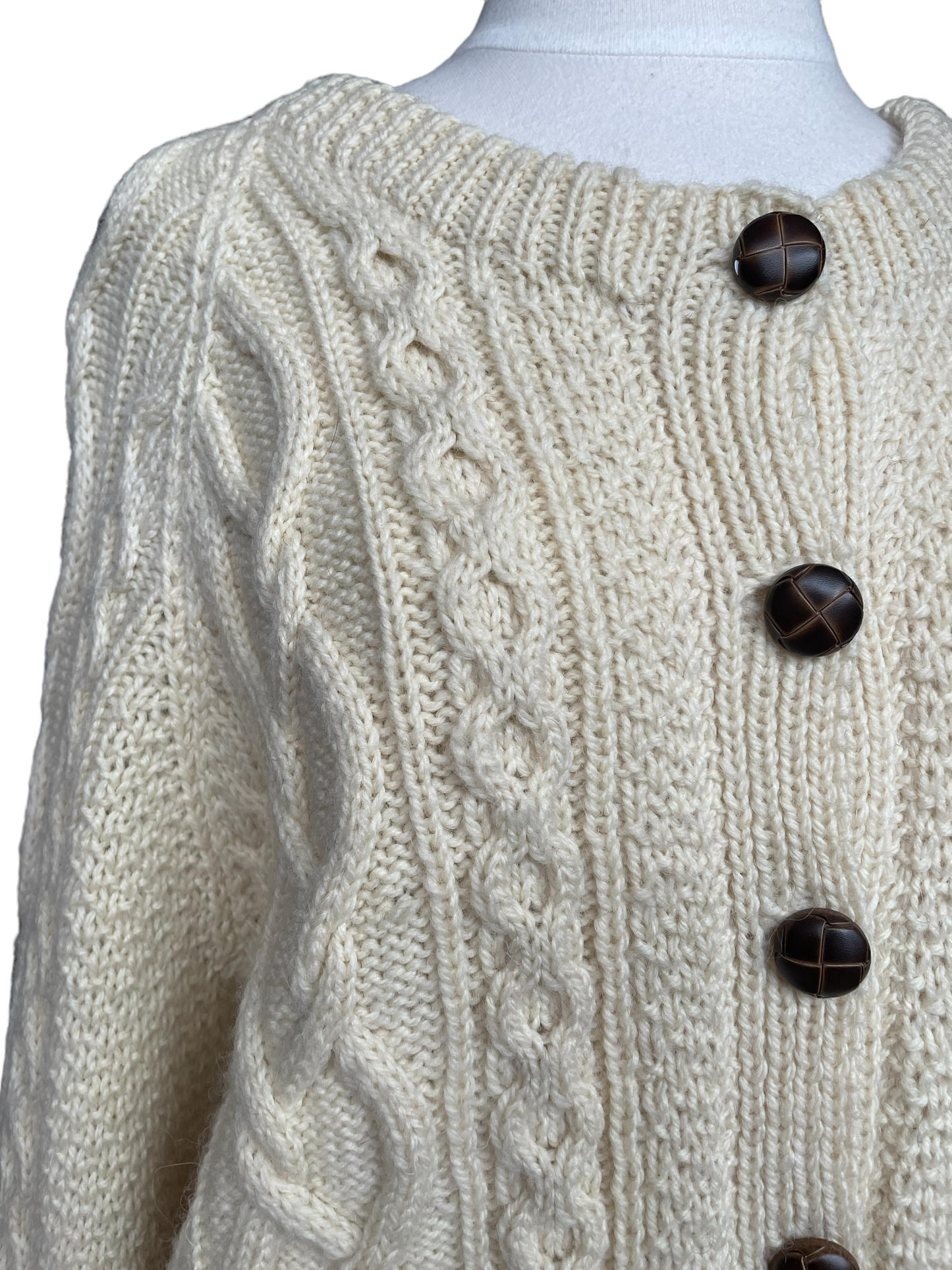 Vintage 1980s Blarney Mills Aran Cardigan | Barn Owl Vintage | Seattle Vintage Sweaters Right side front shoulder view.