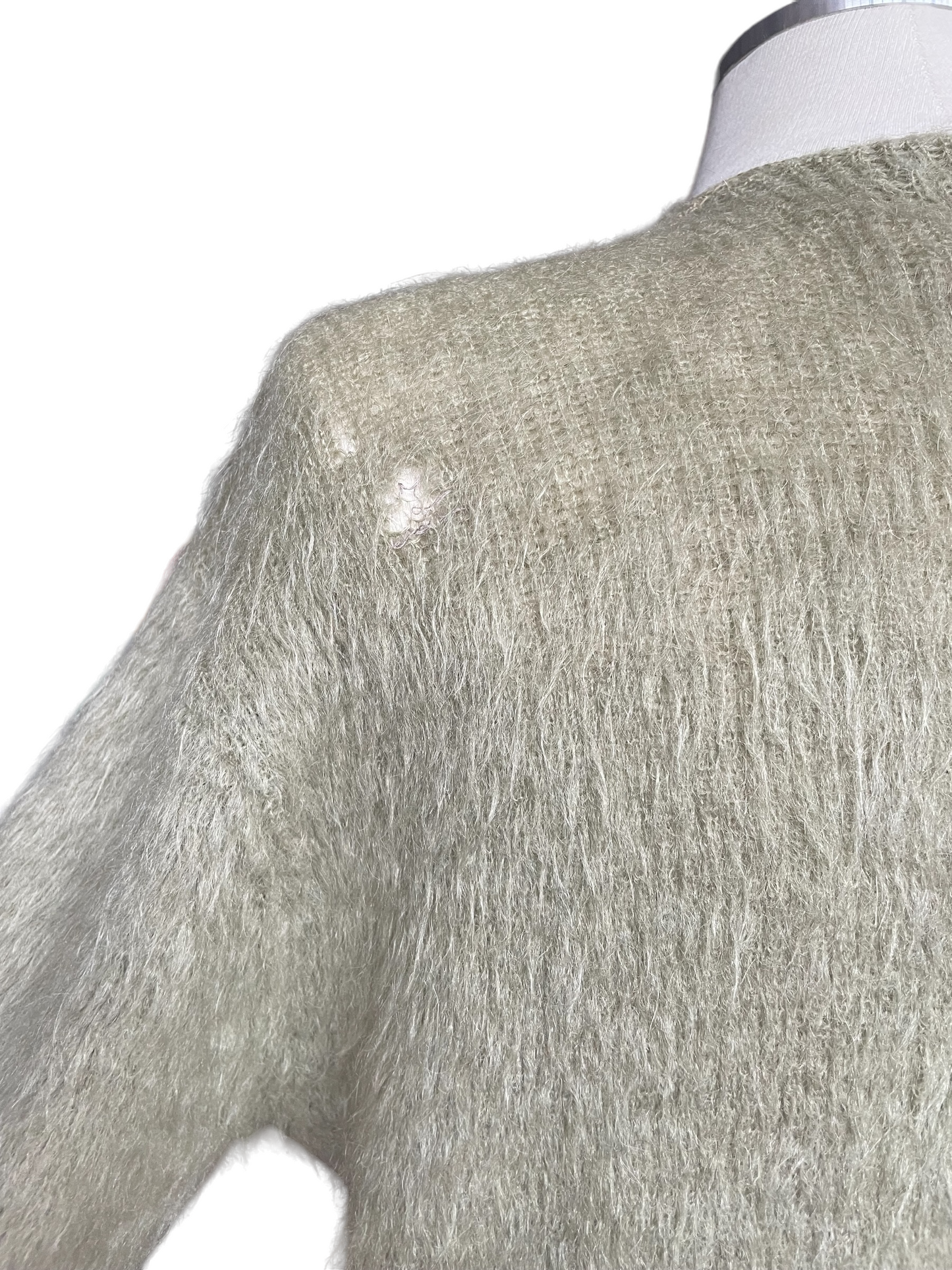 Small Holes and Wear on Rear Left Shoulder of Vintage McGregor Powder Snow Mohair Cardigan SZ M | Barn Owl Vintage | Vintage Mohair Cardigan