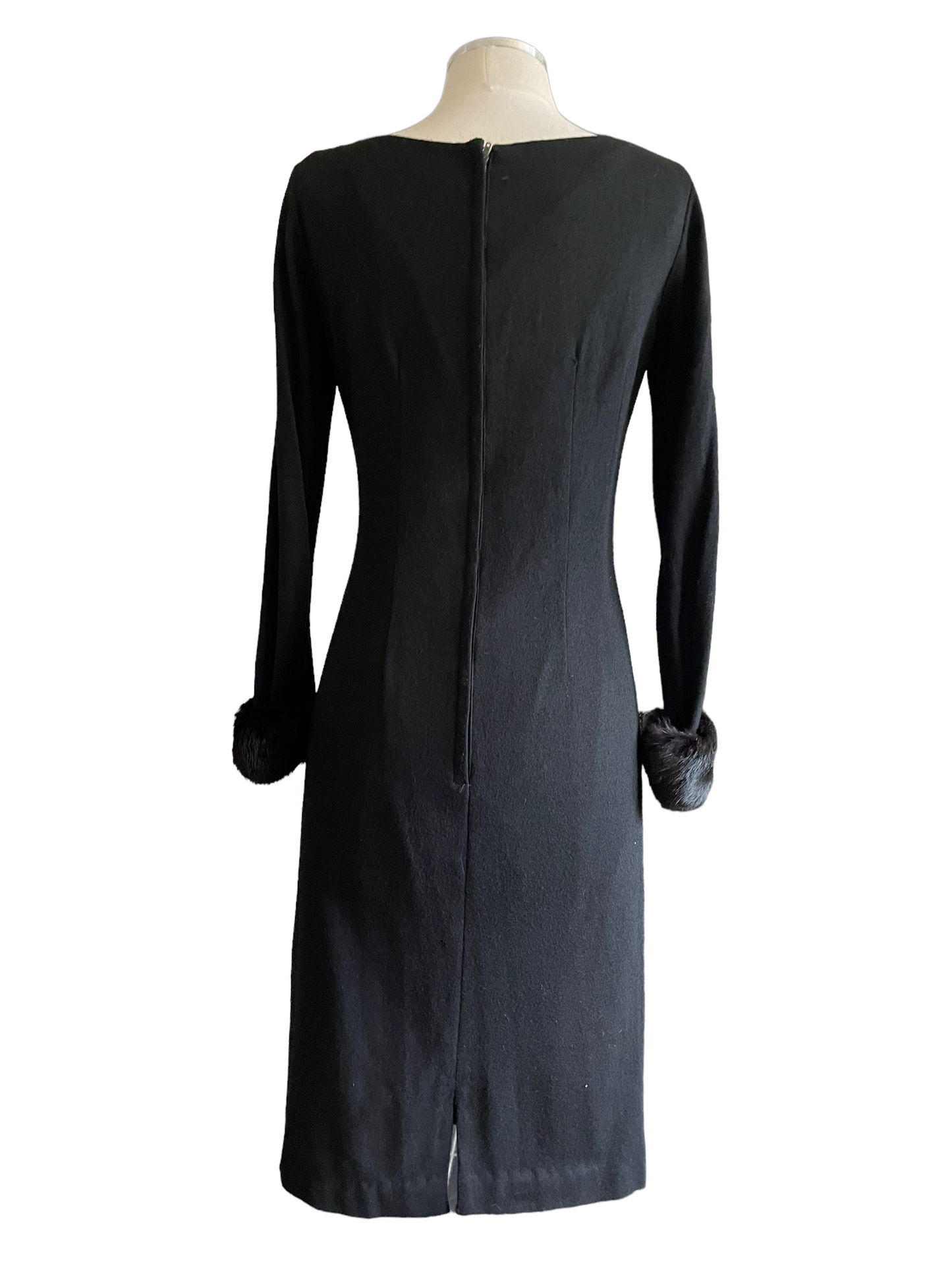Vintage 1950s Black Wool Dress with Mink Fur Cuffs SZ S |  Barn Owl Vintage | Seattle Vintage Dresses