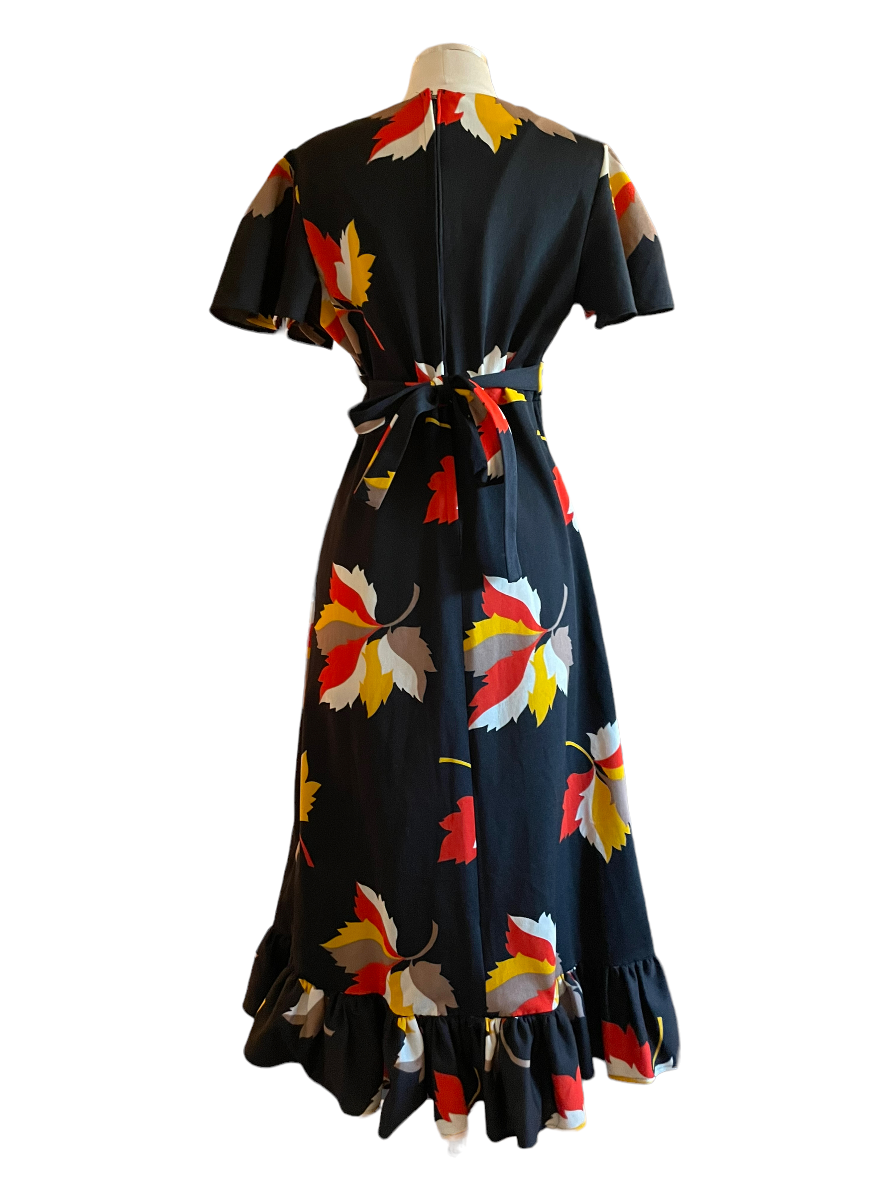 Vintage 1960s Fall Leaves Maxi Dress |  Barn Owl Vintage | Seattle Vintage Dresses Full back view.
