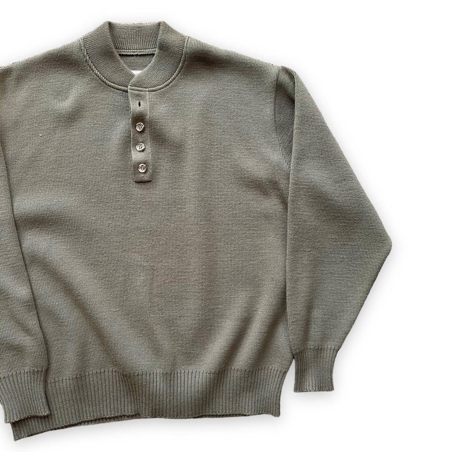 Front Left View of Vintage Filson Sage Green Henley Sweater SZ XL |  Barn Owl Vintage Goods | Vintage Workwear Seattle