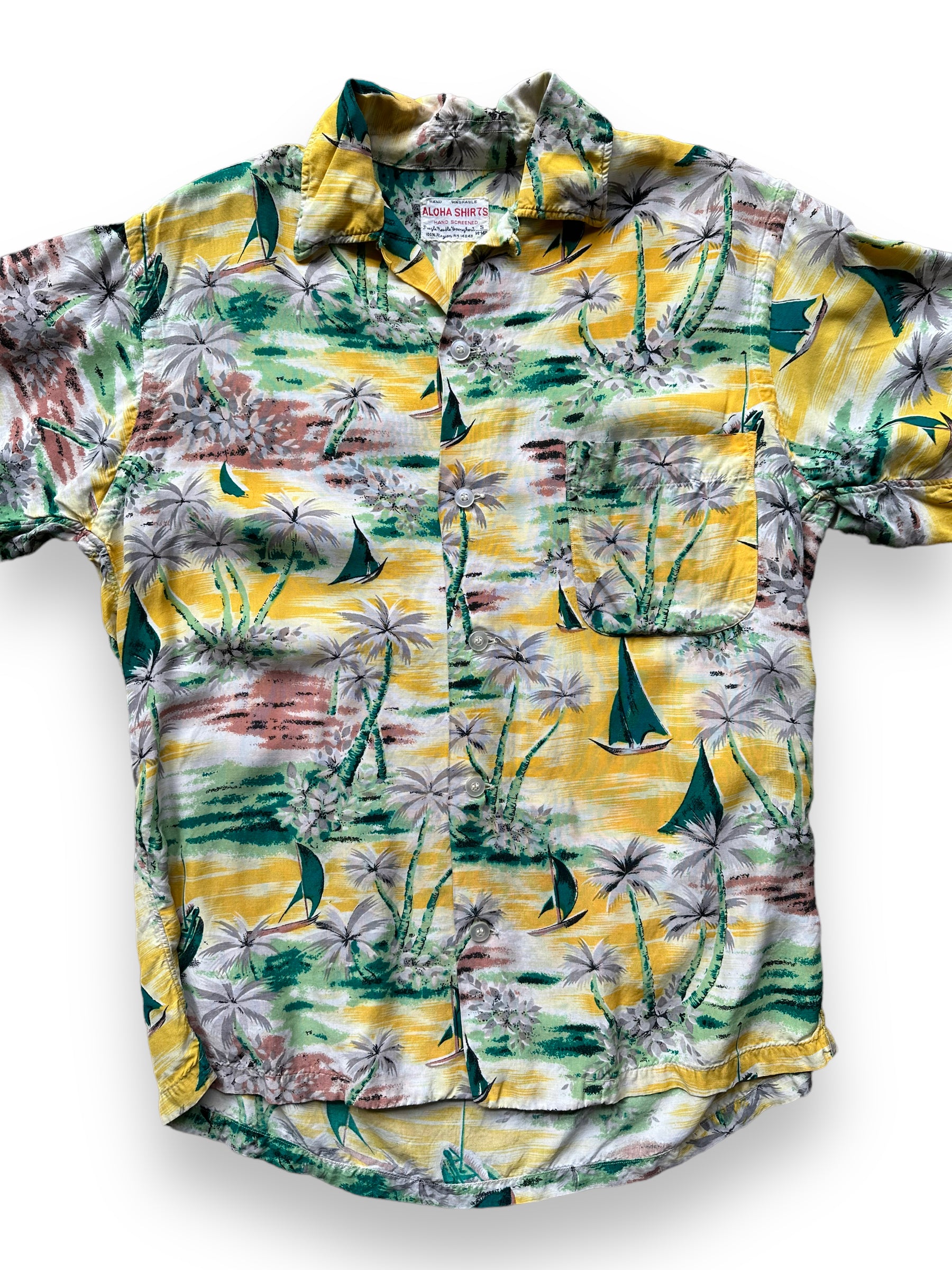Front Detail on Vintage Yellow Aloha Rayon Shirt SZ S | Seattle Vintage Rayon Hawaiian Shirt | Barn Owl Vintage Clothing Seattle