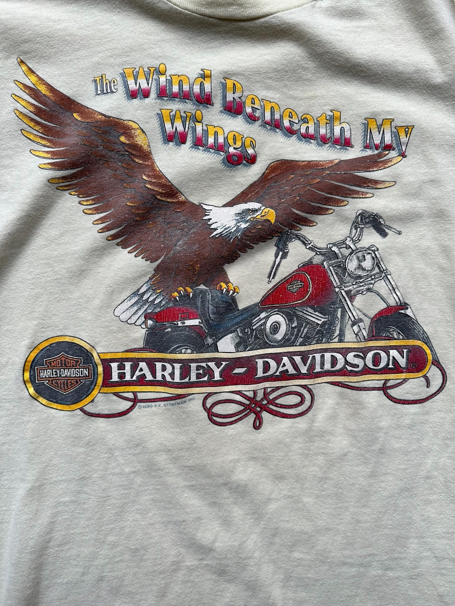 Graphic Close Up on Vintage Yellow Harley Davidson Wind Beneath My Wings Tee SZ M | Vintage Harley Tee | Barn Owl Vintage Seattle
