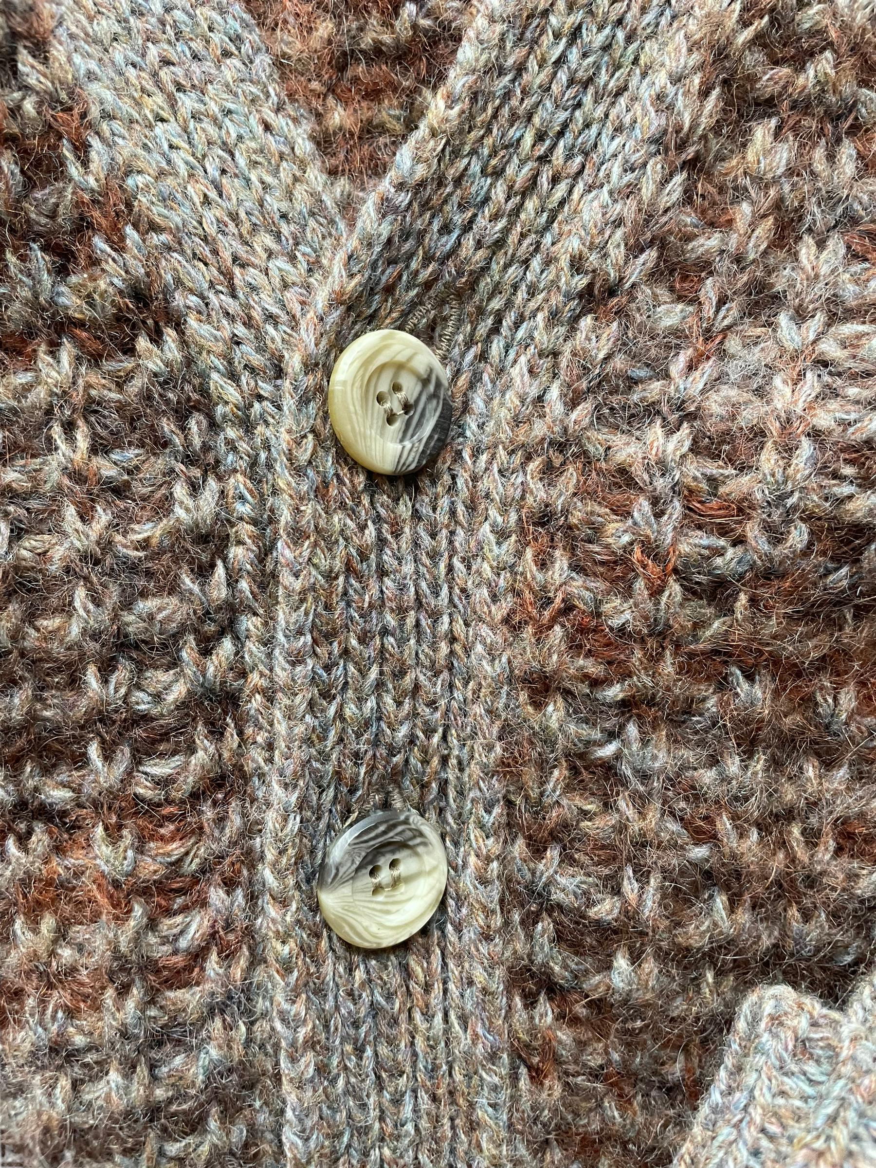 Vintage 1960s Shetland Wool Grampa Cardigan |  Barn Owl Vintage | Seattle Vintage Sweaters Close up of antler buttons.