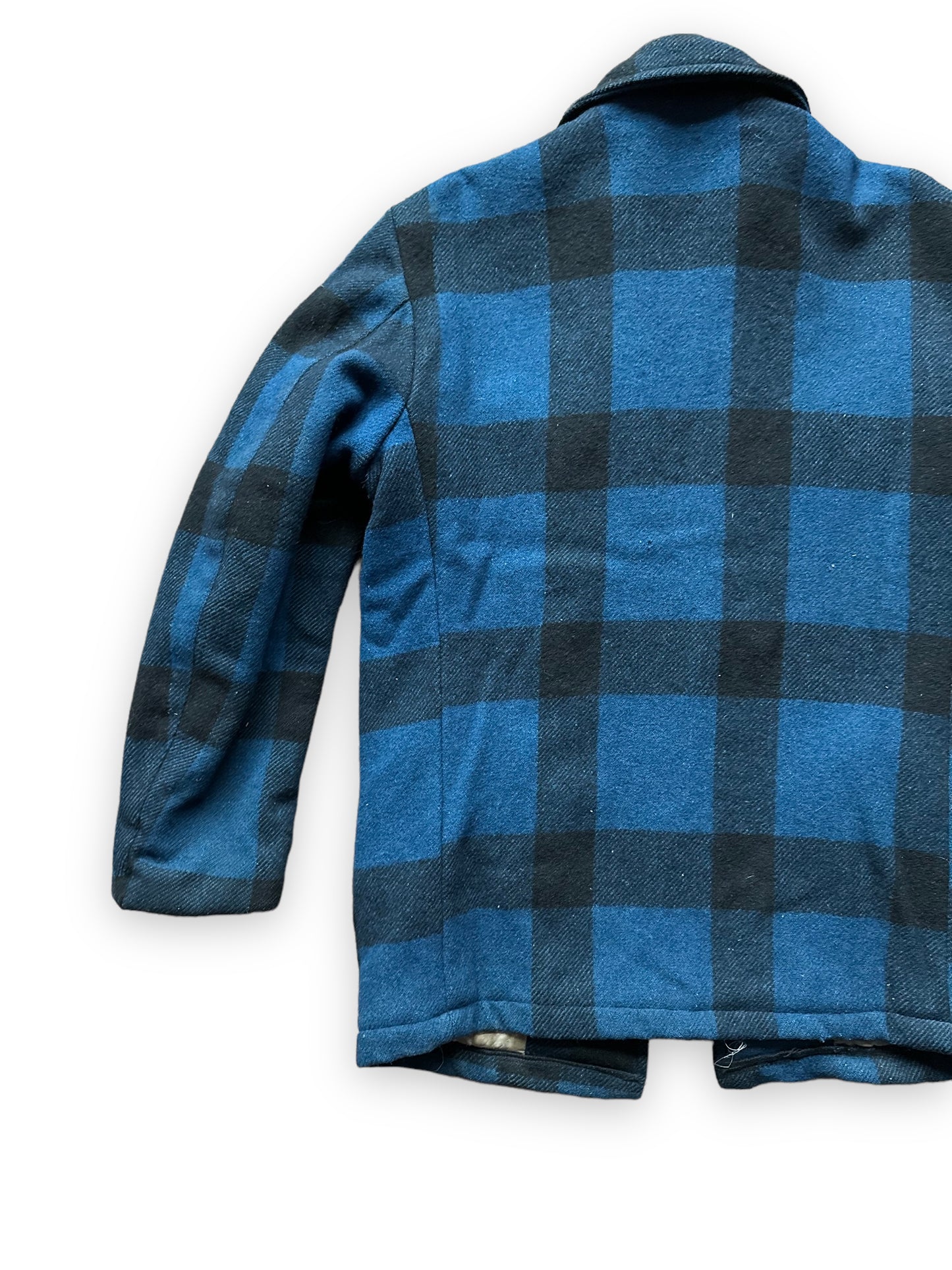Rear Left View on Vintage Black Bear Cobalt Blue and Black Wool Coat SZ L  |  Vintage Workwear Seattle | Barn Owl Vintage Seattle