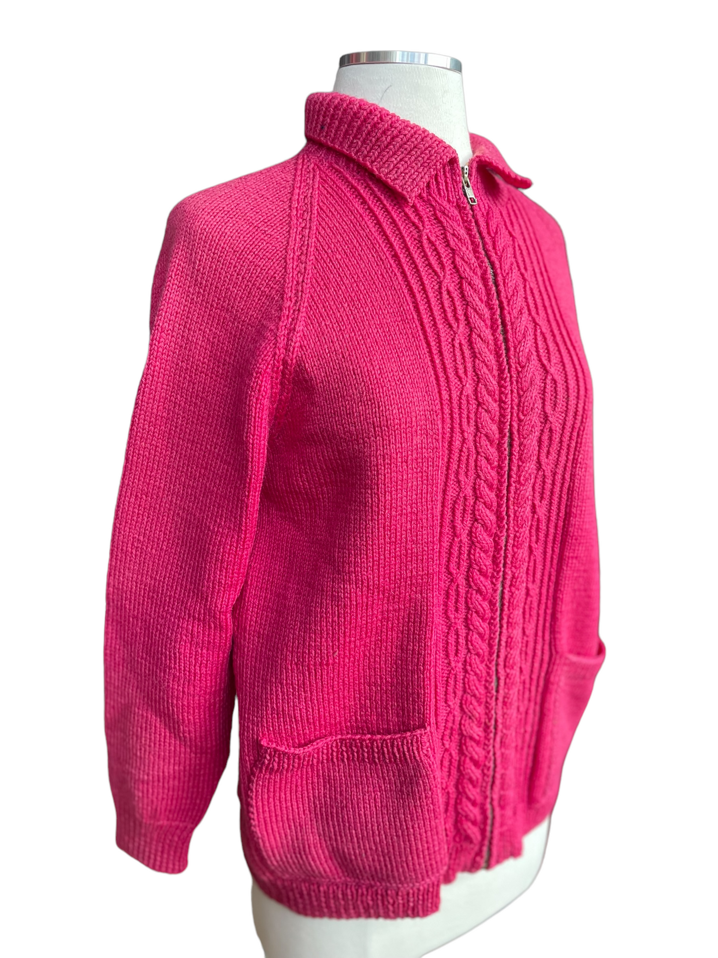 Front right view Vintage 1940's Wool Hand Knit Magenta Zip Up Cardigan Sweater | Barn Owl Vintage | Seattle True Vintage