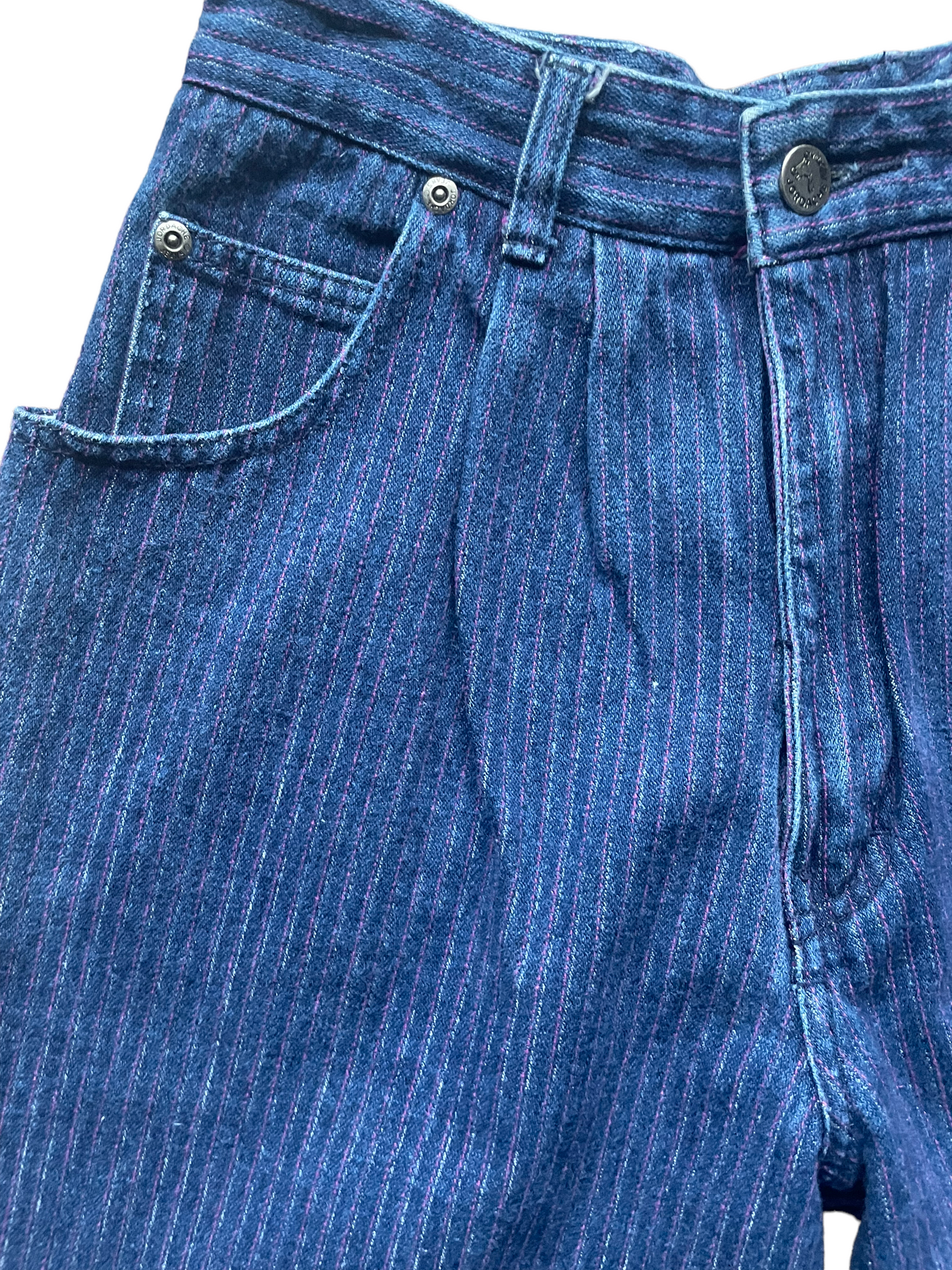 Right side waist view of Vintage 1980s Ladies Purple Pinstripe Jordache Jeans | Barn Owl Seattle | Vintage Ladies Jeans and Denim