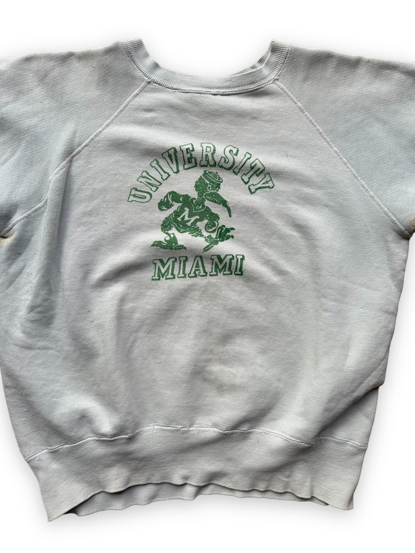 Close Up of Vintage University of Miami Short Sleeve Crewneck Sweatshirt SZ L | Seattle Vintage Crewneck Sweatshirts | Barn Owl Vintage Seattle