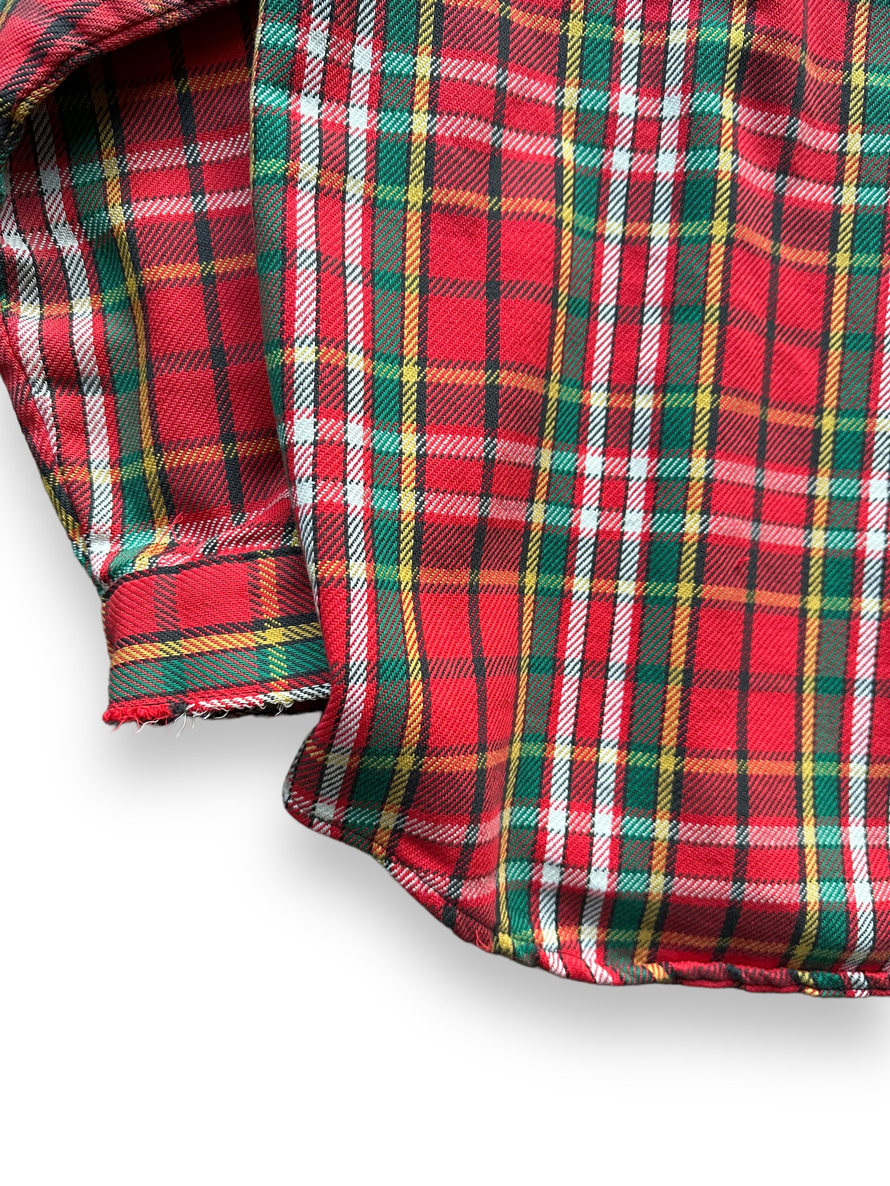 Rear Left Cuff View of Vintage 5 Brothers Red and Green Cotton Flannel SZ M | Vintage Cotton Flannel Seattle | Barn Owl Vintage Seattle