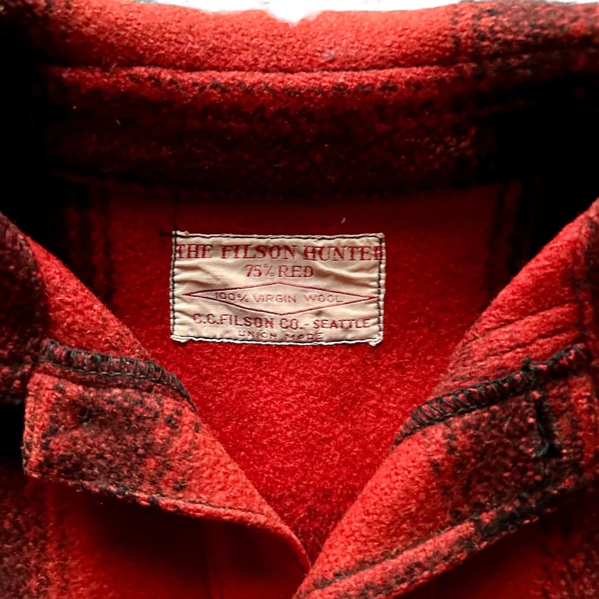 Tag View on Vintage 75% Red Filson Hunter Wool Jacket SZ 42 |  Vintage Workwear Seattle